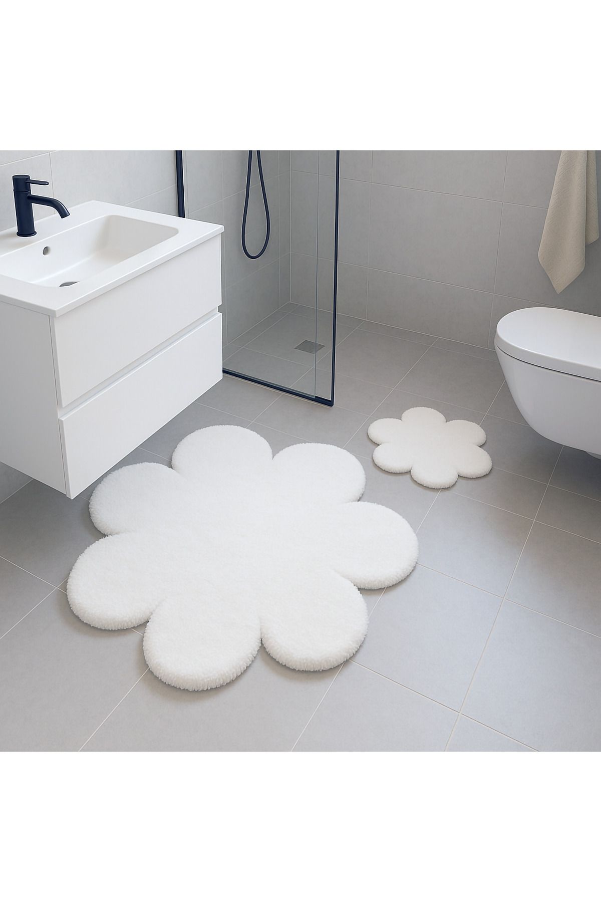 Paco Home Çiçek Desenli Beyaz Yumuşak Salon Halısı Modern Minimalist Dekoratif Halı 2'li Set (80x80-60x60)