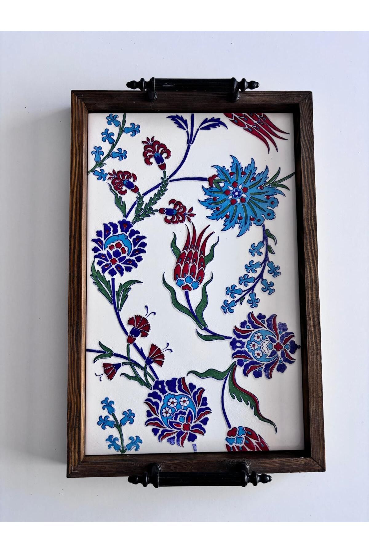 garaccu Çini Desenli Ahşap Sunumluk Tepsi Dikdörtgen 28x43 cm