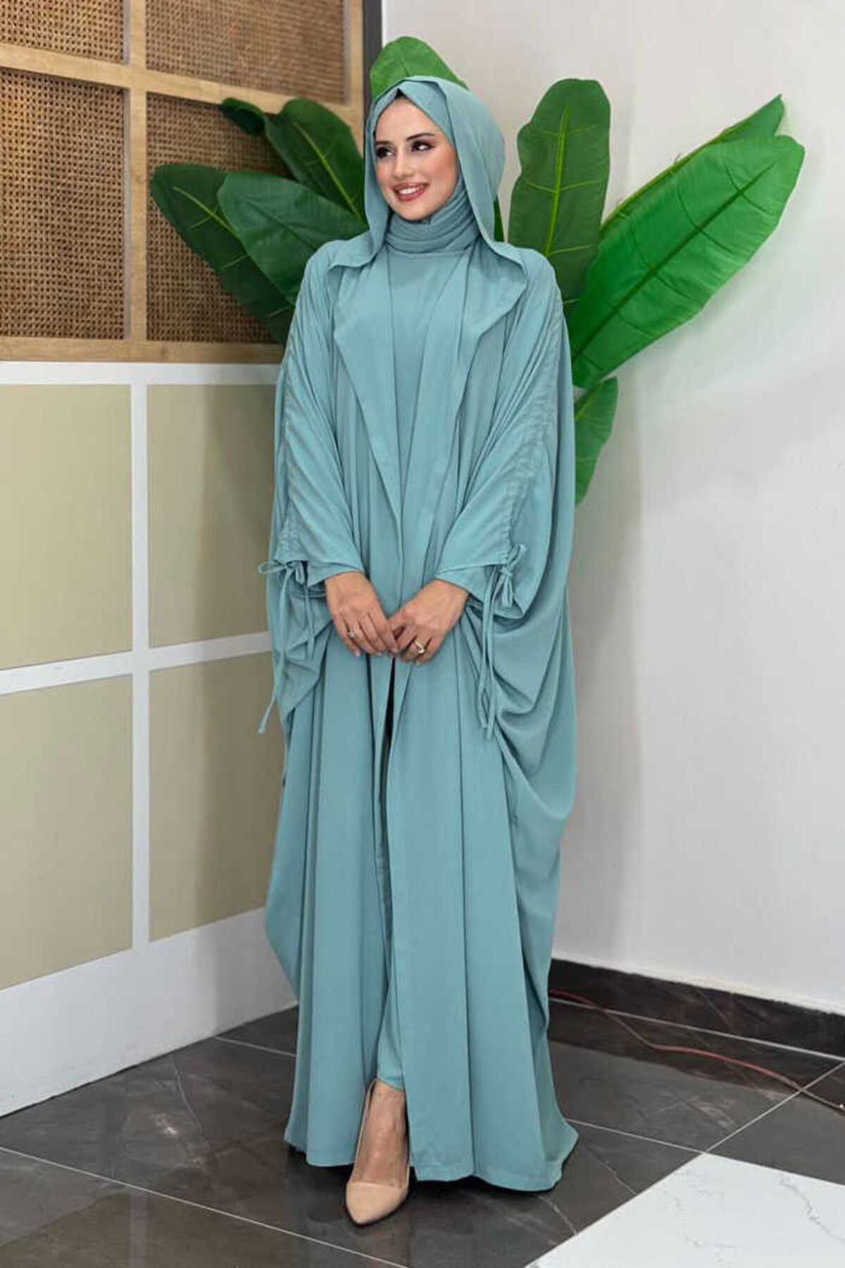 Bym Fashion Kapüşonlu Abaya ve Elbise İkili Takım 70013 Mint