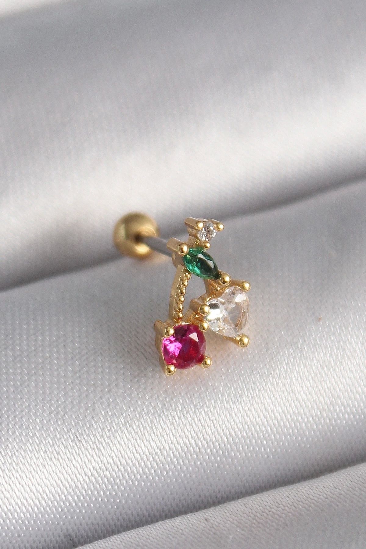 STOREMAX 316L Çelik Gold Renk Zirkon Taşlı Kiraz Tragus Piercing
