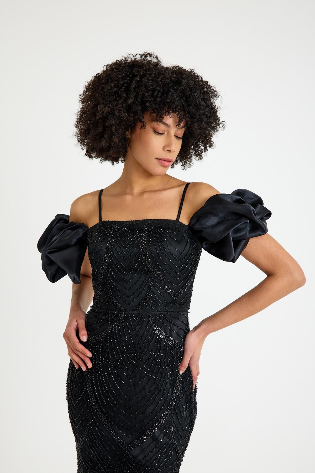 SpringStore-Black Off Shoulder Beading Embroidered Evening Dress 8