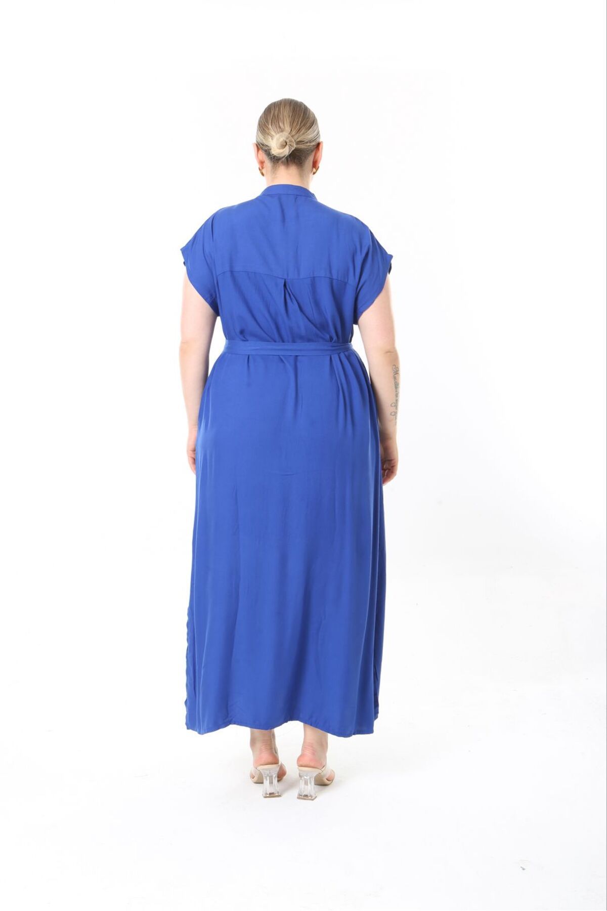 Şans-Women's Plus Size Saks, Front Length Buttons, Belted Long Dress 65N38956 7