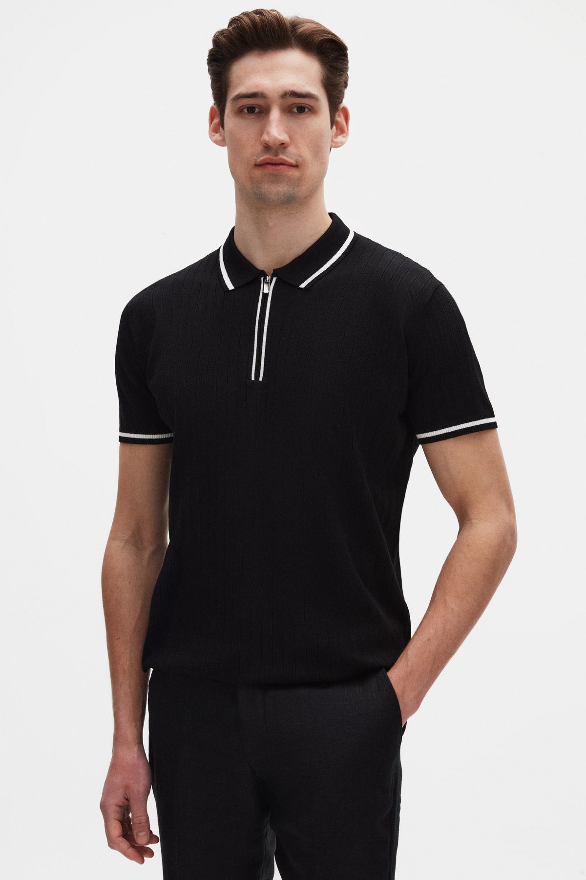 D'S Damat Ds Damat Slim Fit Siyah Rayon Polo Yaka Fermuarlı Triko T-Shirt