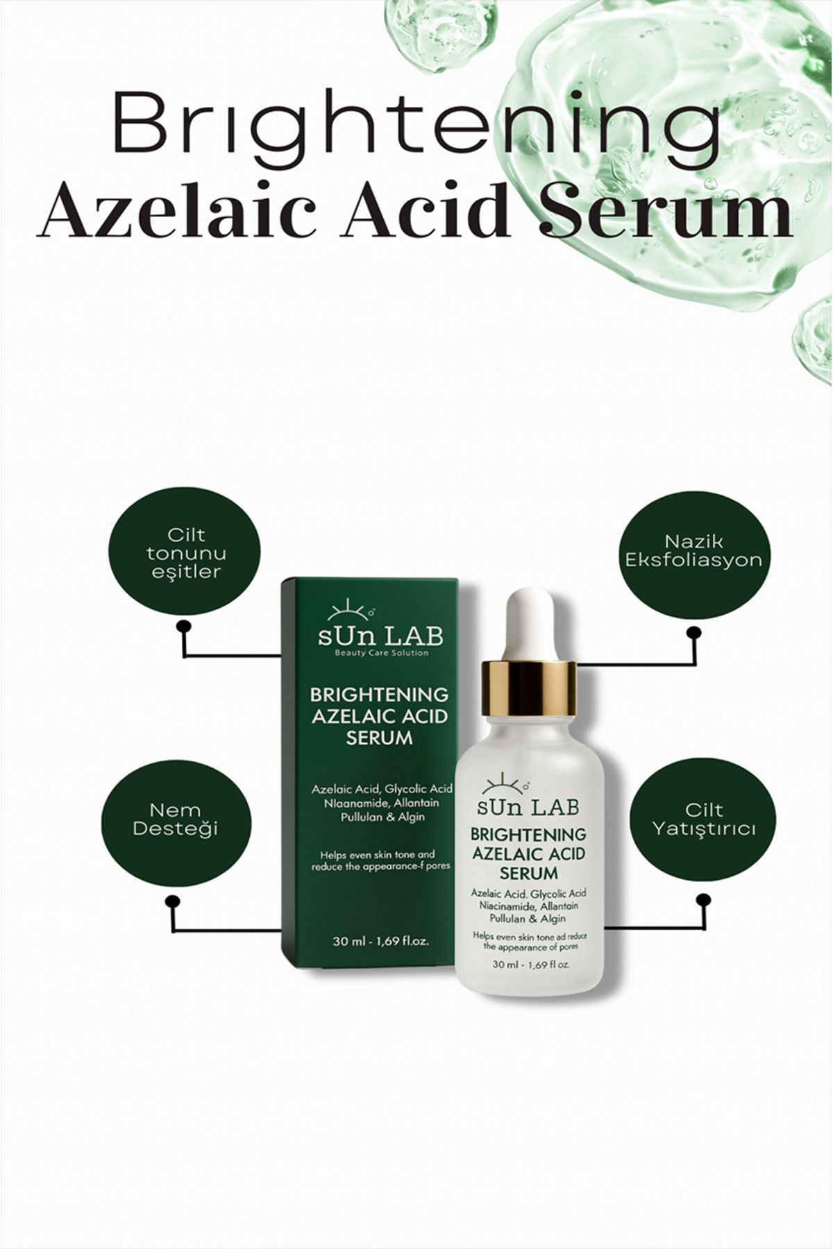 sun lab beauty care solution Yatıştırıcı, Cilt Tonu Eşitleyici, Sıkılaştırıcı Brightening Azelaik Asit Cilt Bakım Serumu