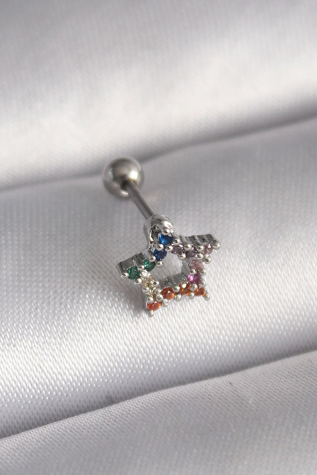 STOREMAX 316L Çelik Gümüş Renk Renkli Zirkon Taşlı Yıldız Model Tragus Piercing