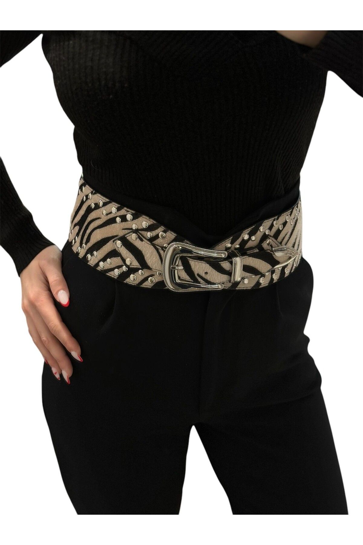 MyladyAccessoriess Zebra Ve Zımba Detaylı Orta Boy Kemer