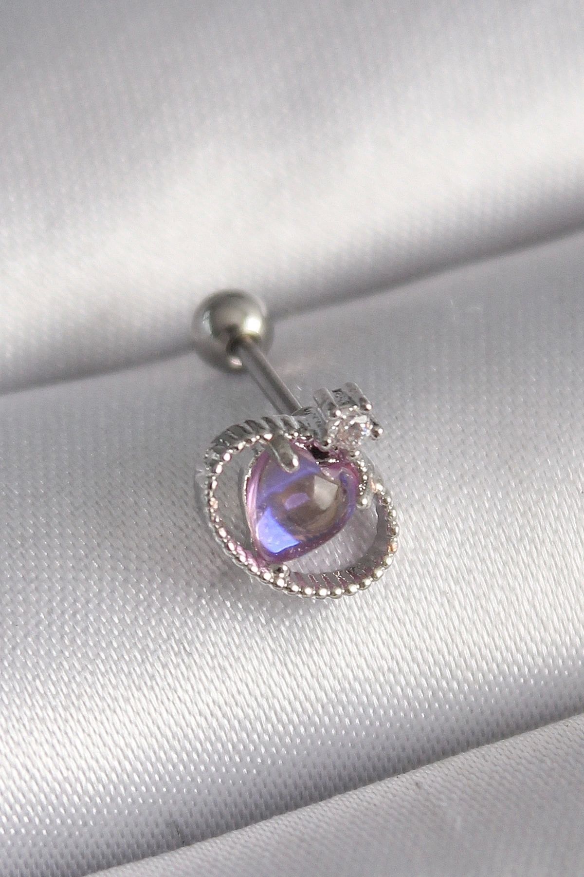 STOREMAX 316L Çelik Gümüş Renk Mor Mineli Kalp Zirkon Taş Detay Tragus Piercing