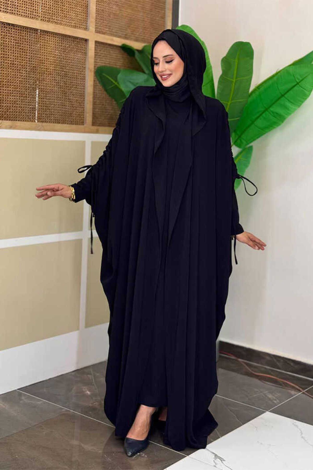 Bym Fashion Kapüşonlu Abaya ve Elbise İkili Takım 70013 Siyah