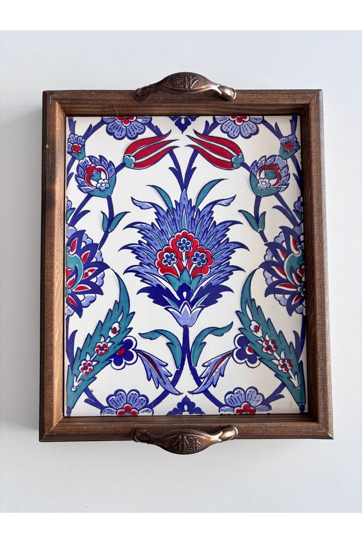 garaccu Çini Desenli Ahşap Sunumluk Tepsi Dikdörtgen 23x28 cm
