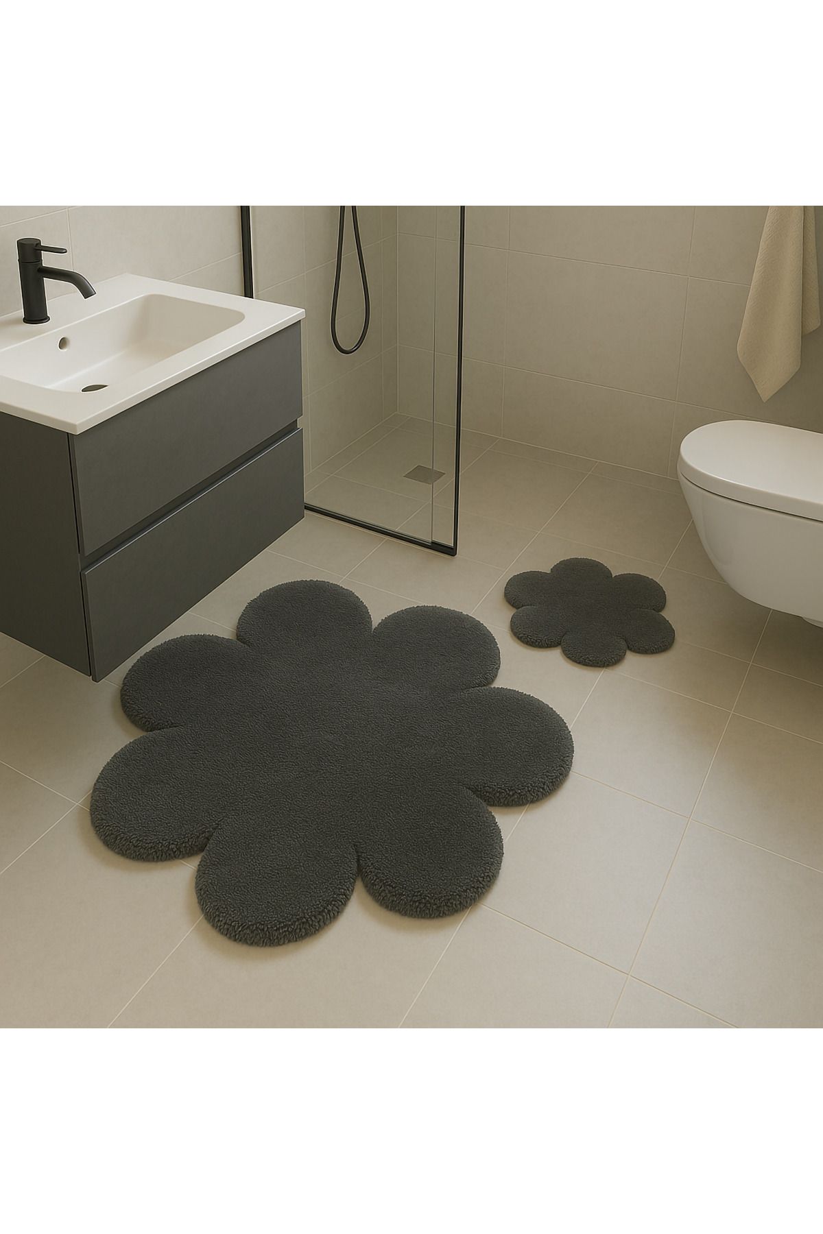 Paco Home Çiçek Desenli Antrasit Yumuşak Salon Halısı Modern Minimalist Dekoratif Halı 2'li Set (80x80-60x60)