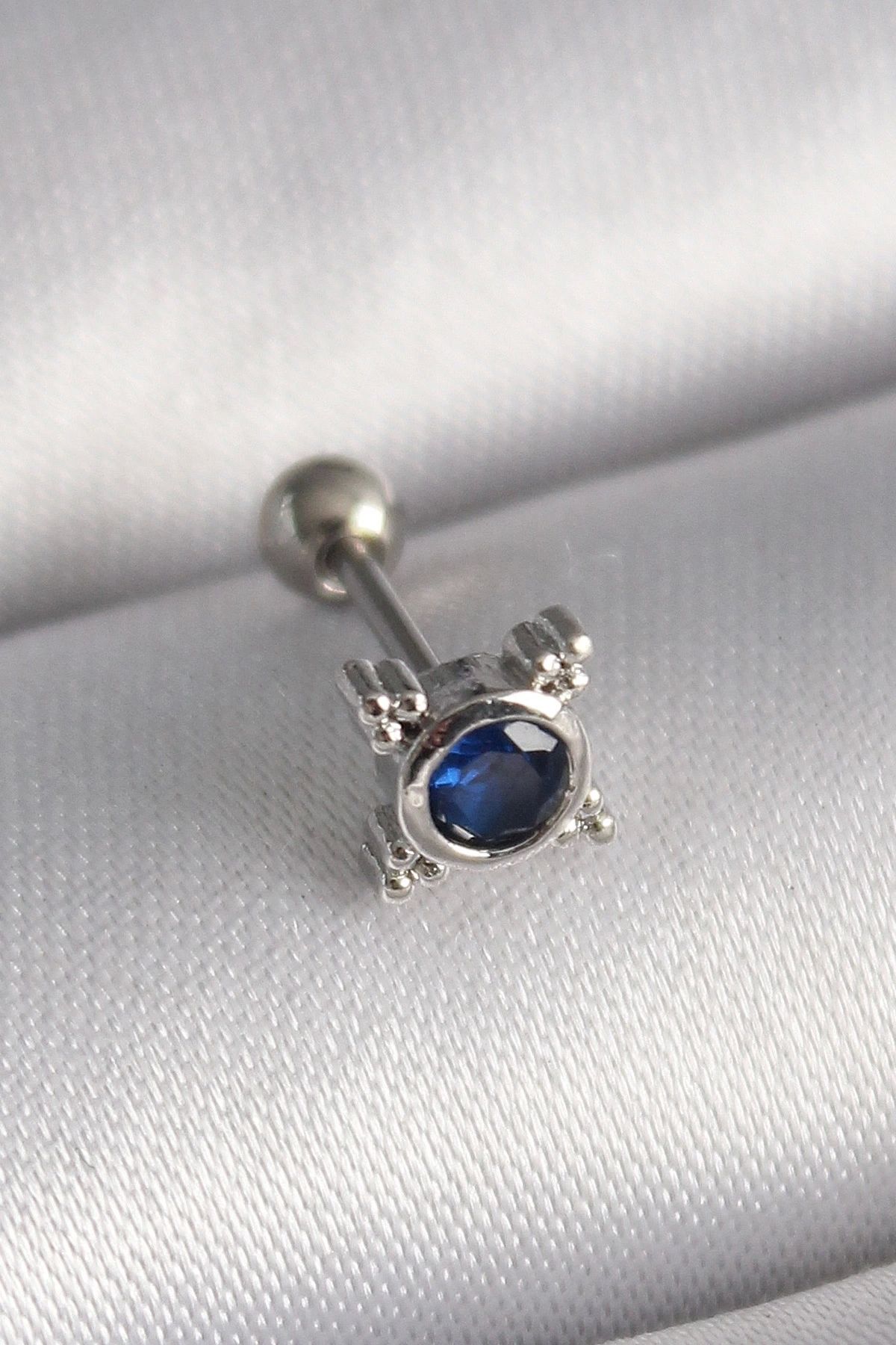 STOREMAX 316L Çelik Gümüş Renk Mavi Zirkon Taşlı Tragus Piercing