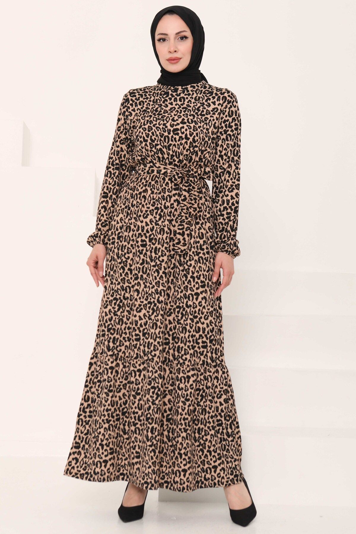 TOFİSA Leopar Desenli Elbise Siyah - 27004