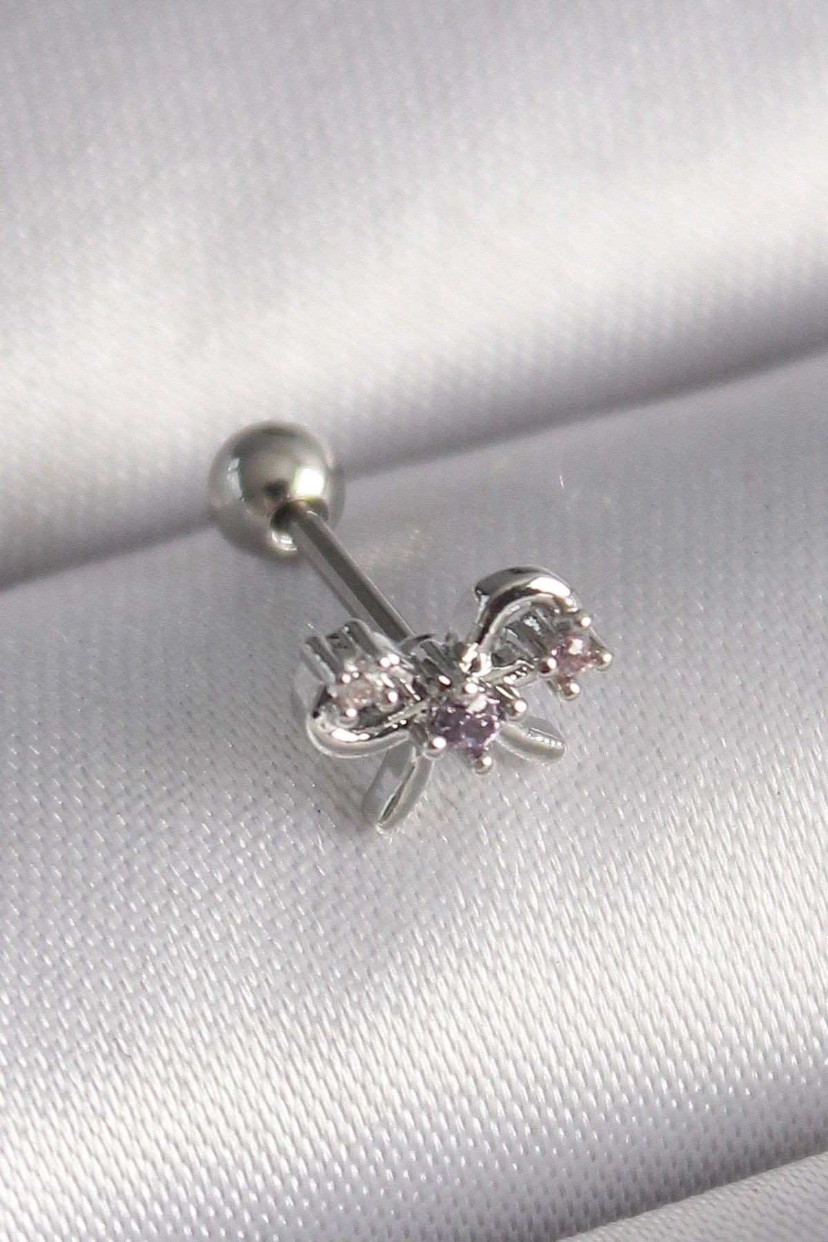 STOREMAX 316L Çelik Gümüş Renk Zirkon Taşlı Kurdele Tragus Piercing