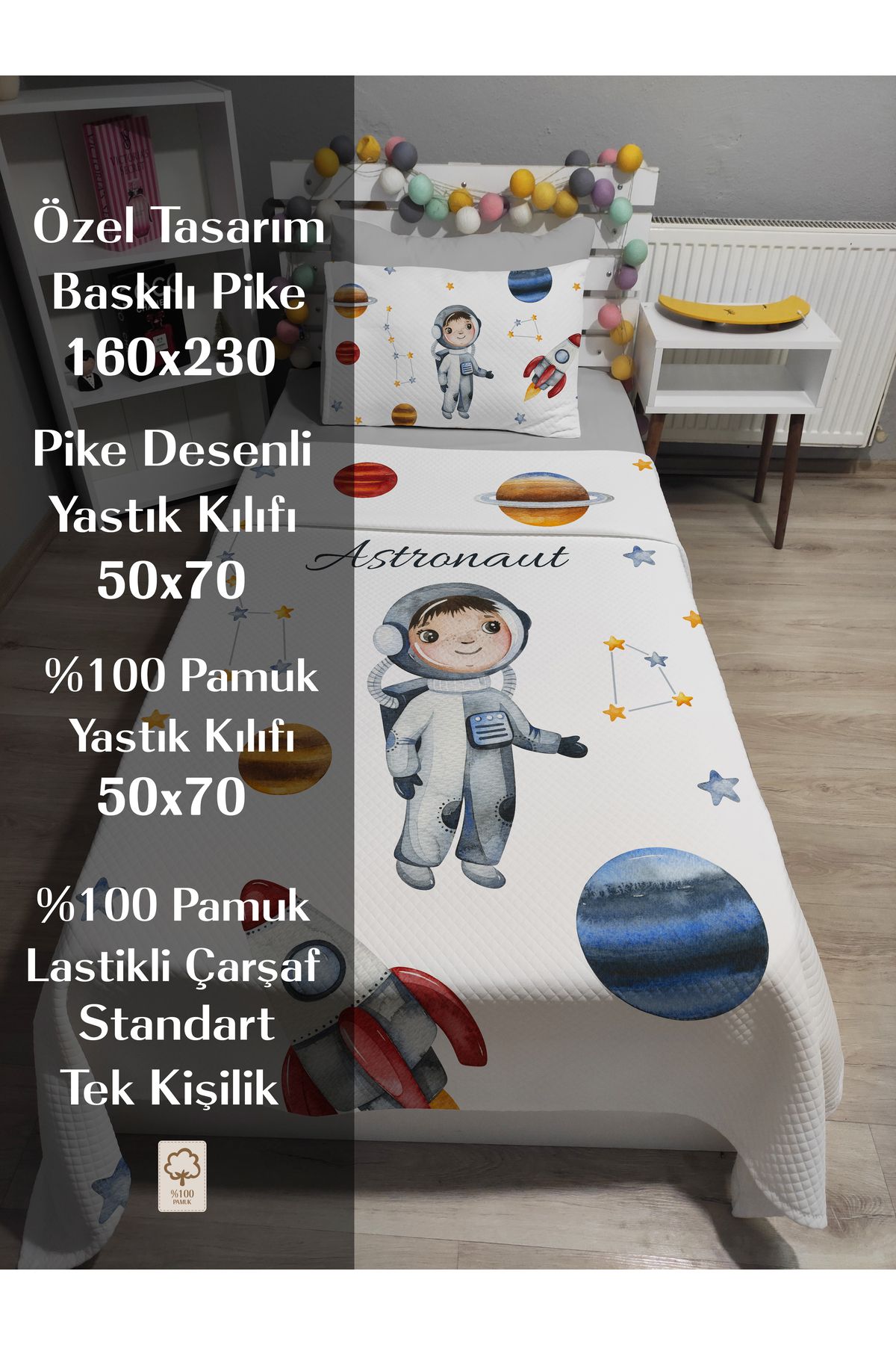 yok yok evim eve dair her şey-4 Piece Astronaut Patterned Single Pique Bedspread Set with Elastic Sheets 2