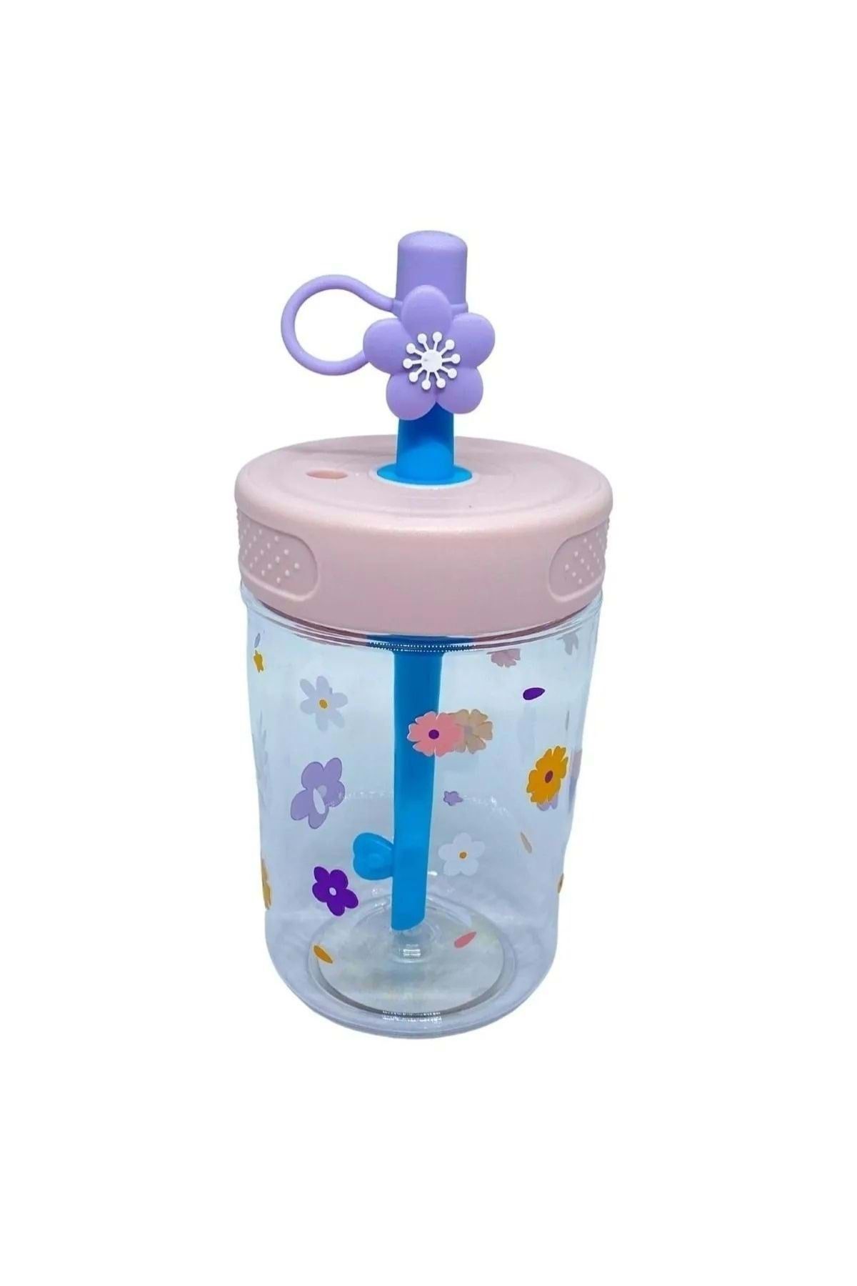 wakawakakidsstore Çiçek Desenli Pipetli Çocuk Suluk Bardak (450 ml) - Pembe - 2-8 YAŞ