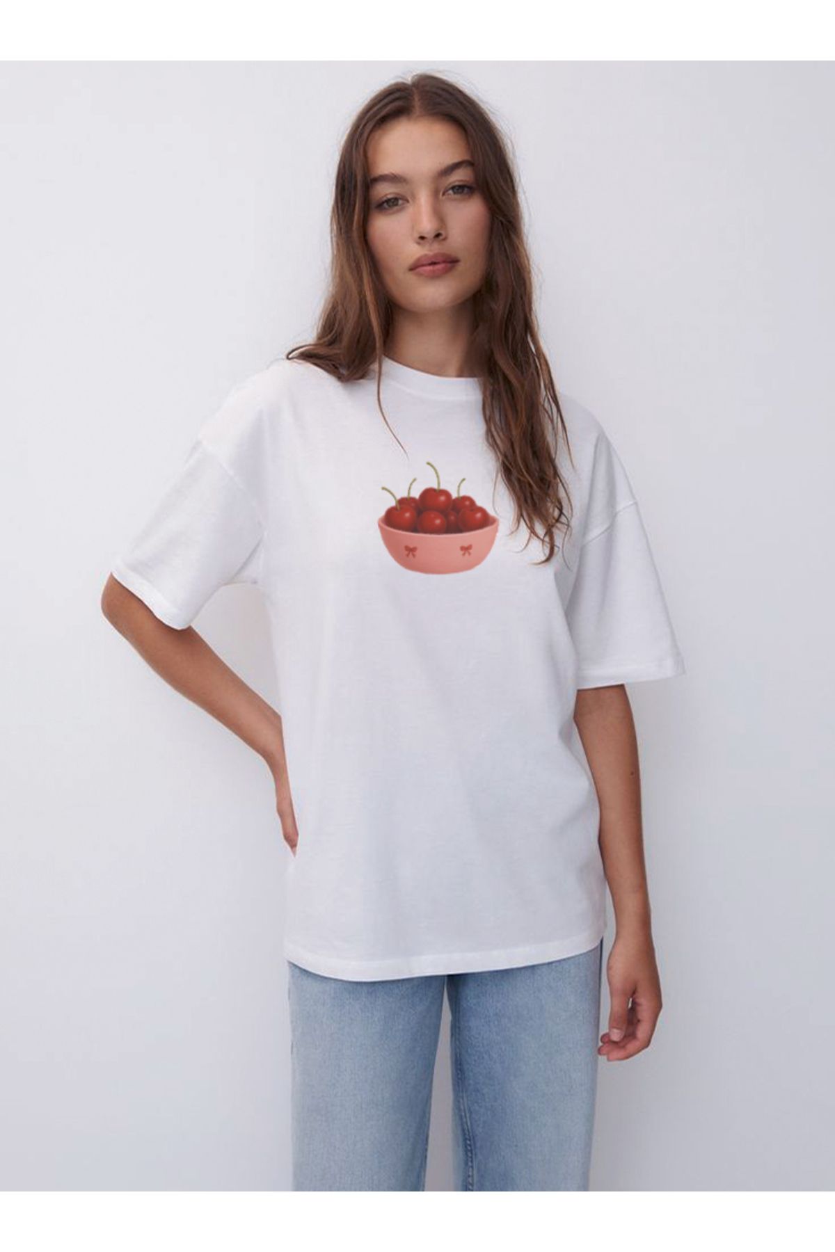 Disante Cherry Baskılı Bisiklet Yaka Basic Trend Kadın T-shirt