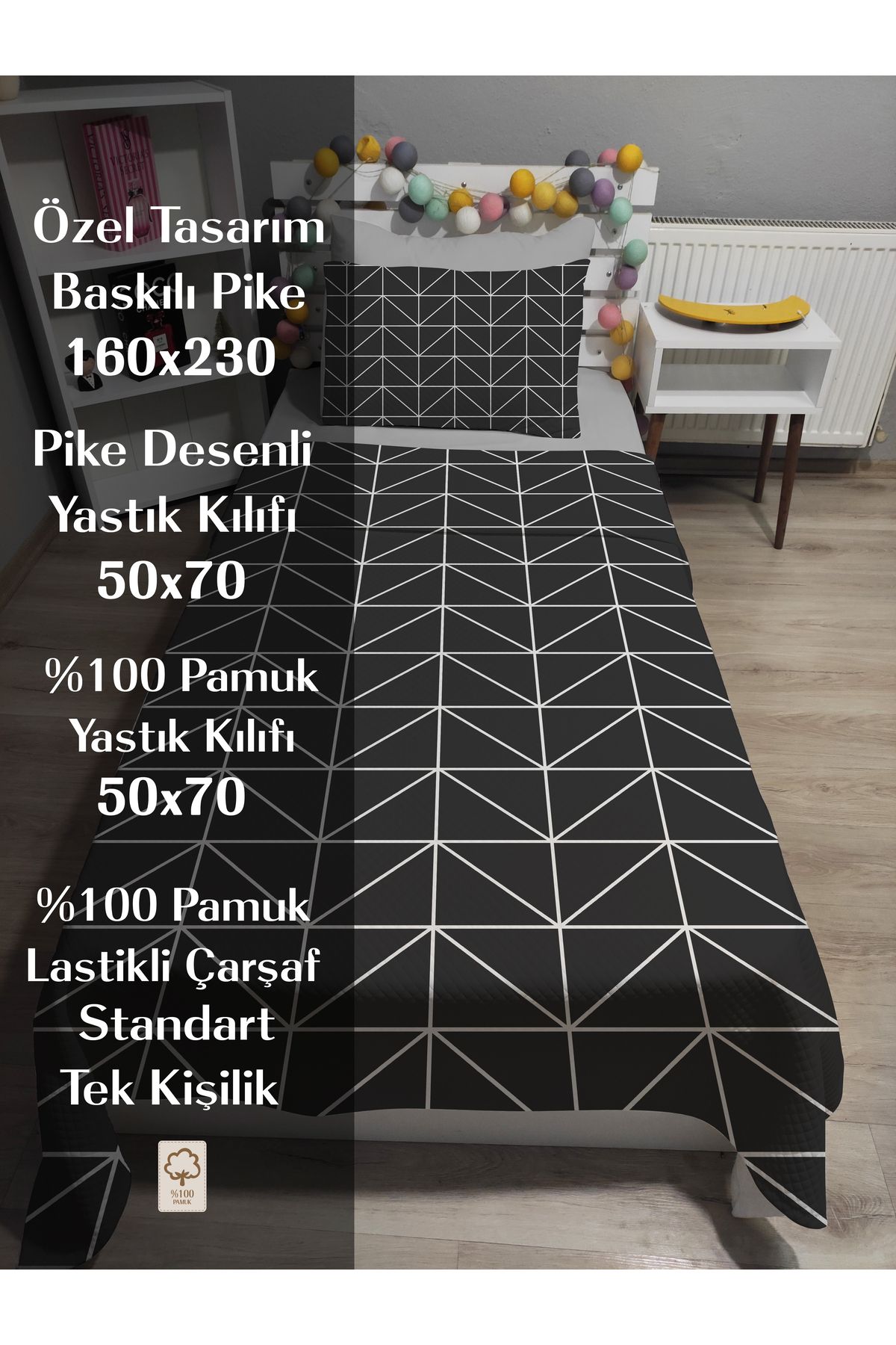 yok yok evim eve dair her şey-4 Piece Geometry Patterned Single Pique Bedspread Set with Elastic Sheets 2
