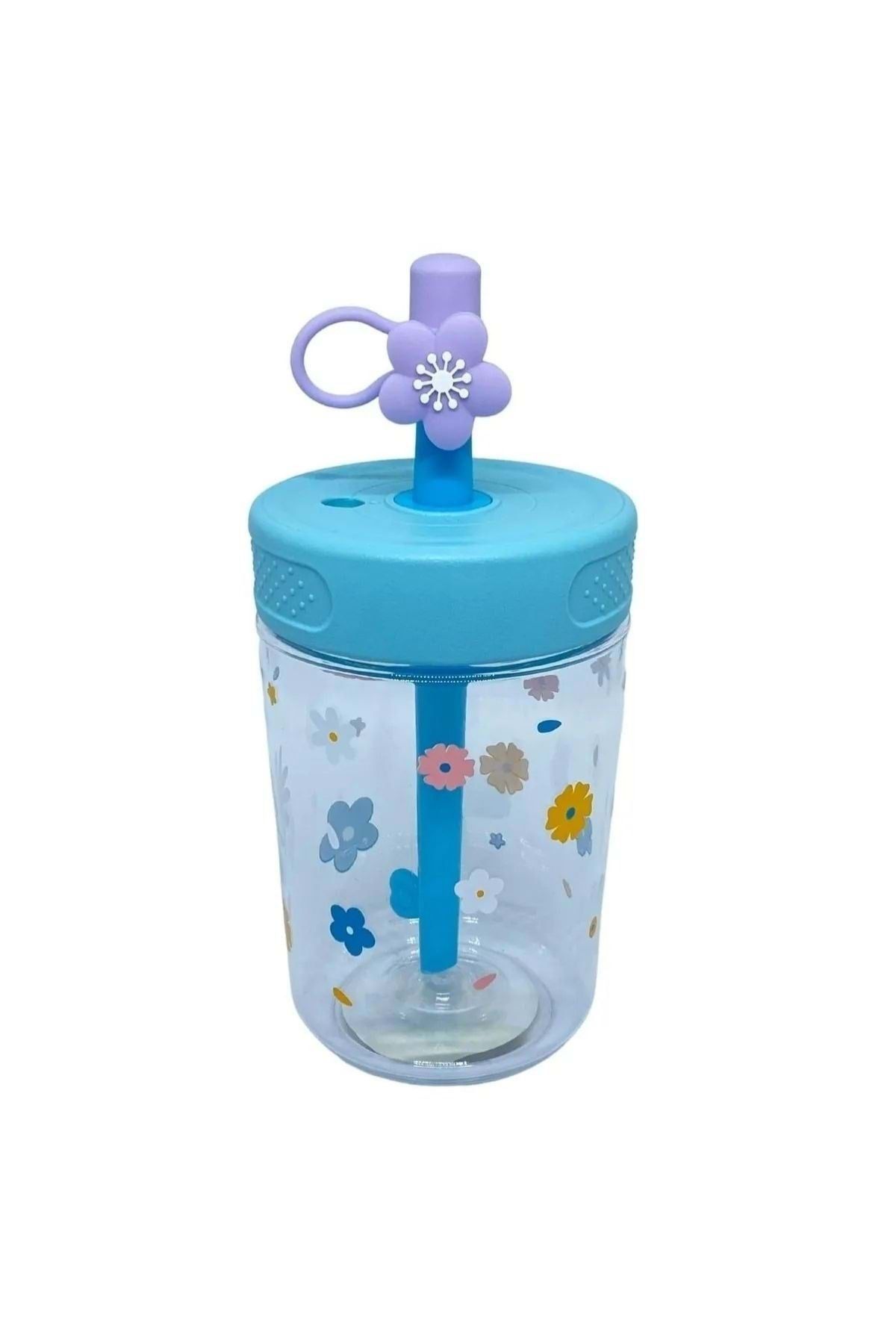 wakawakakidsstore Çiçek Desenli Pipetli Çocuk Suluk Bardak (450 ml) - Mavi - 2-8 YAŞ