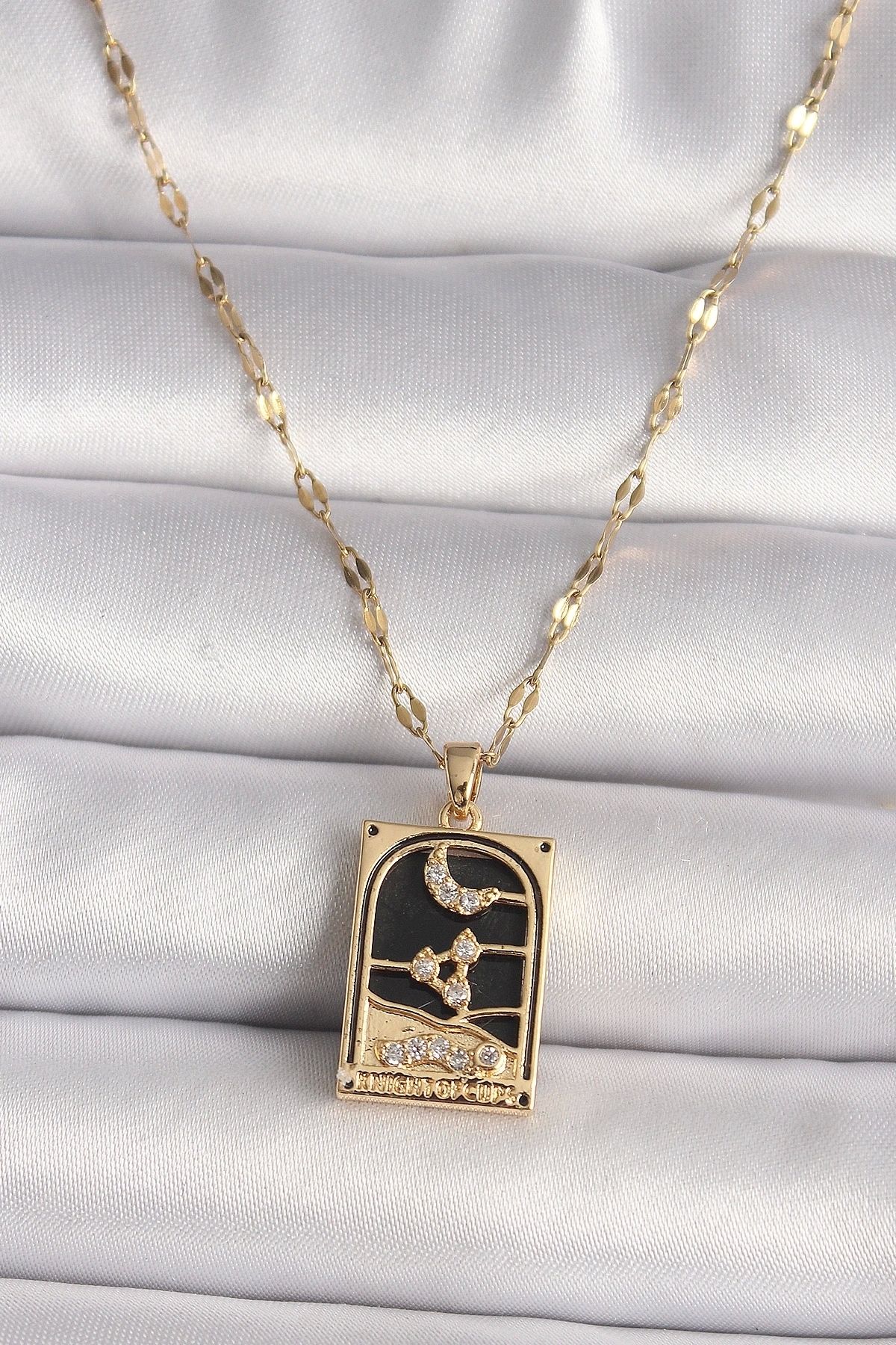 STOREMAX 316L Çelik Gold Renk Zirkon Taşlı Ay Figürlü Tarot Model Kadın Kolye