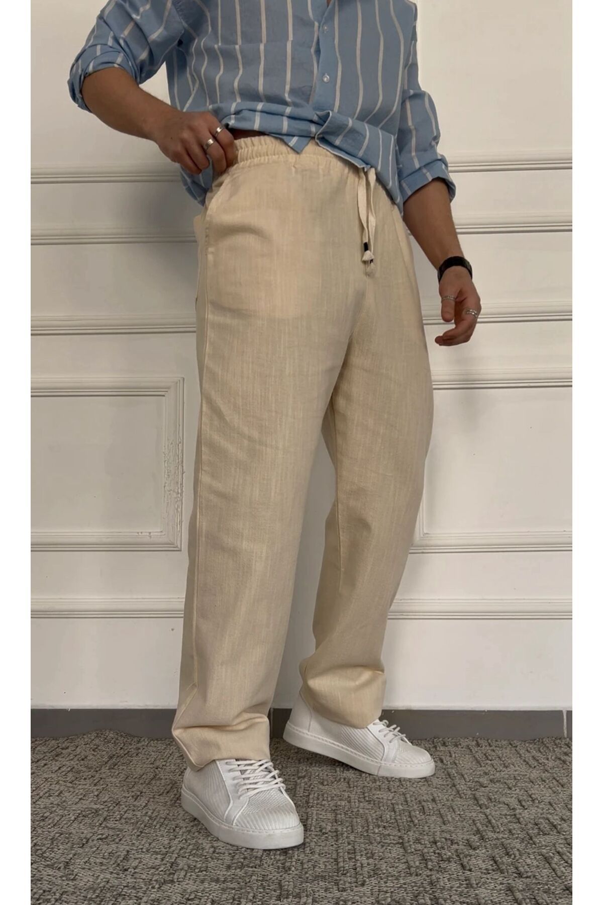 Twear Keten Bej Baggy Pantolon