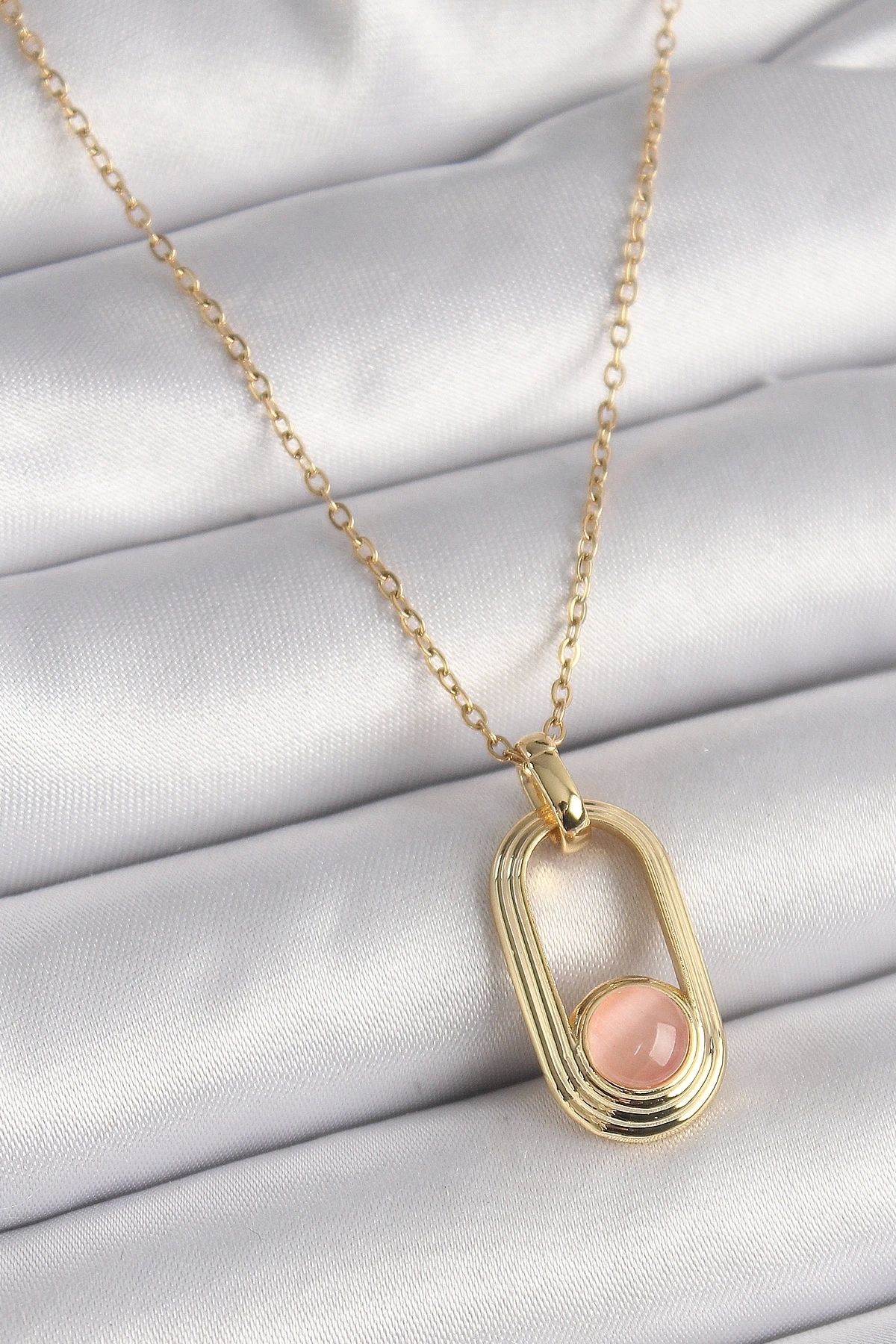 STOREMAX 316L Çelik Gold Renk Pembe Kedi Göz Model Kadın Kolye
