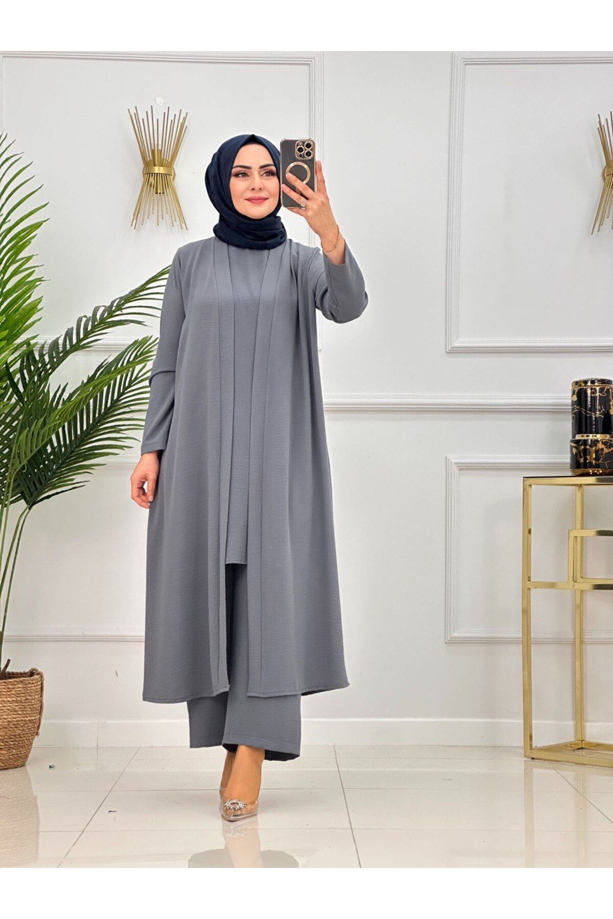 Enans Design Kadın Tesettür 3'Lü Takım Abaya Kap & İçlik Tunik & Pantolon