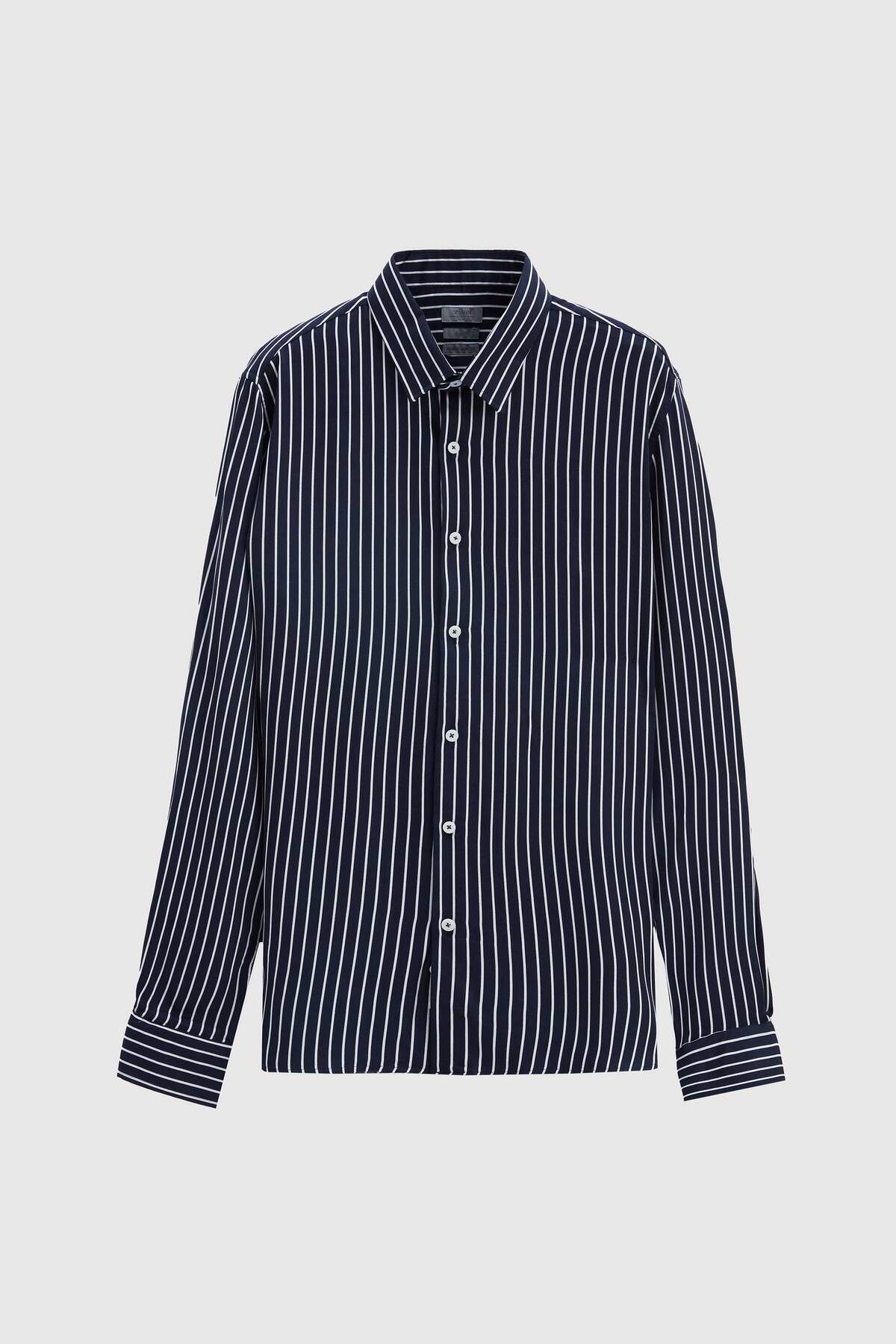 Twn Slim Fit Lacivert Çizgili Viskon Gömlek