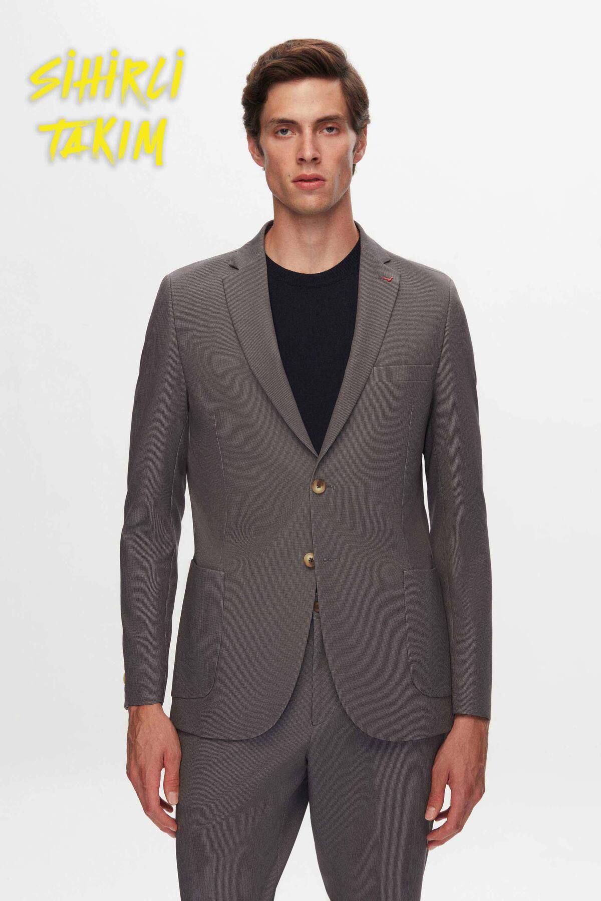 D'S Damat Ds Damat Slim Fit Gri Baskılı Takim Elbise