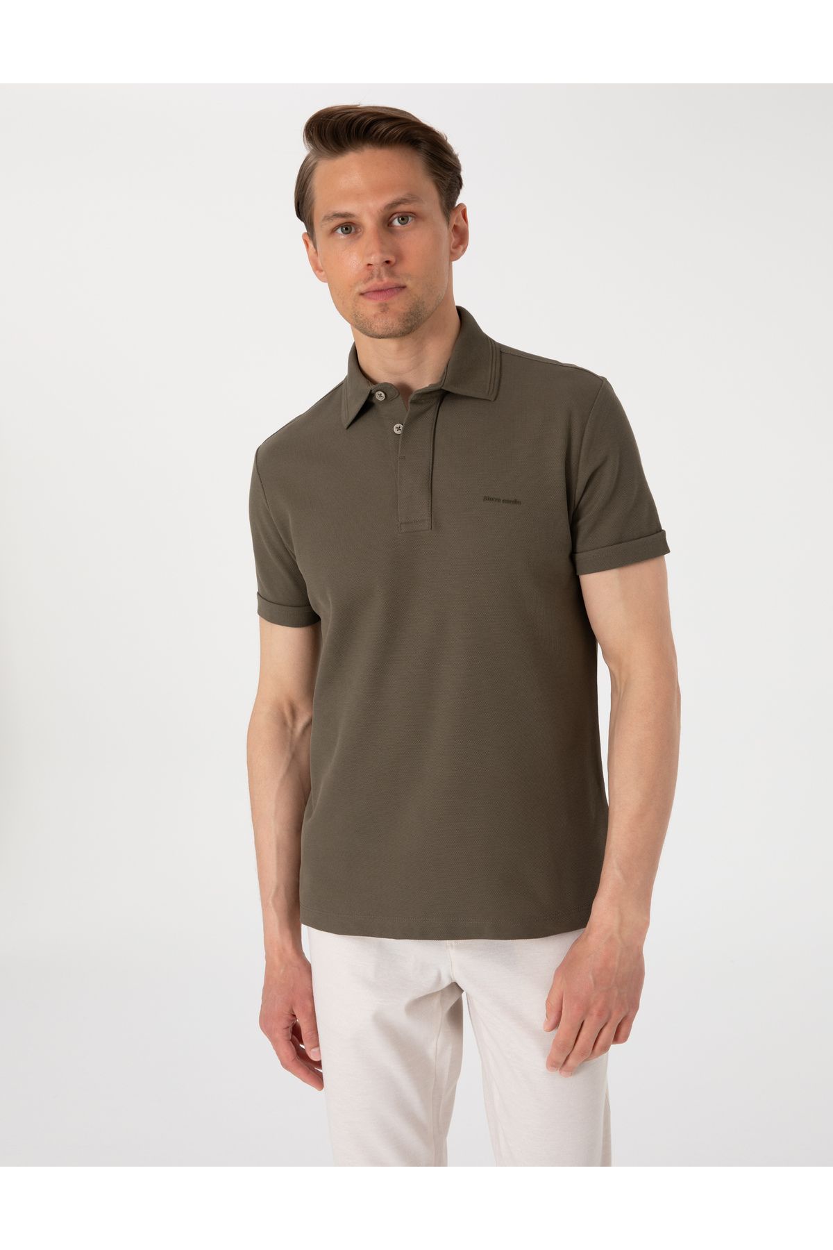 Pierre Cardin Haki Slim Fit %100 Pamuk Kıvrılmaz Amerikan Pike Polo Yaka Basic Tişört 50306154-VR027