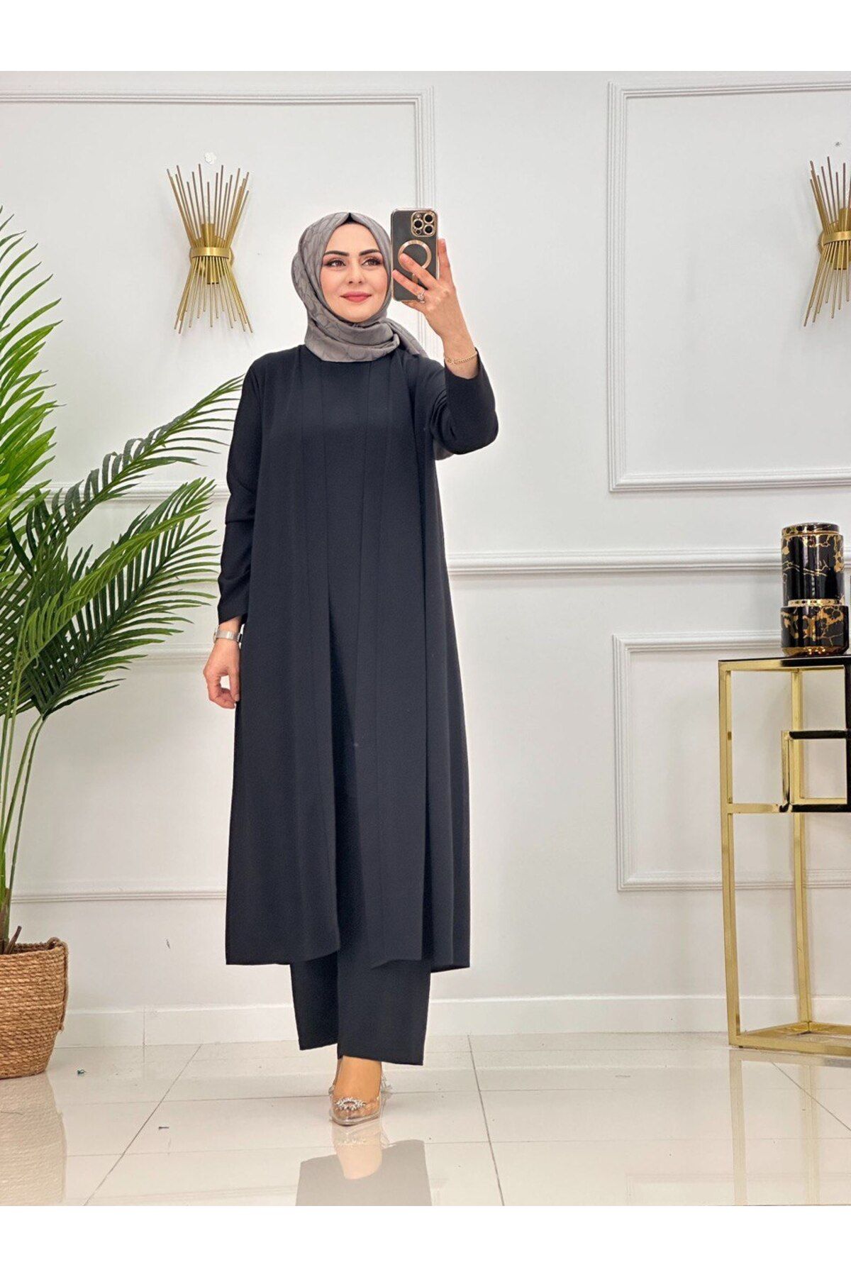 Enans Design Kadın Tesettür 3'Lü Takım Abaya Kap & İçlik Tunik & Pantolon