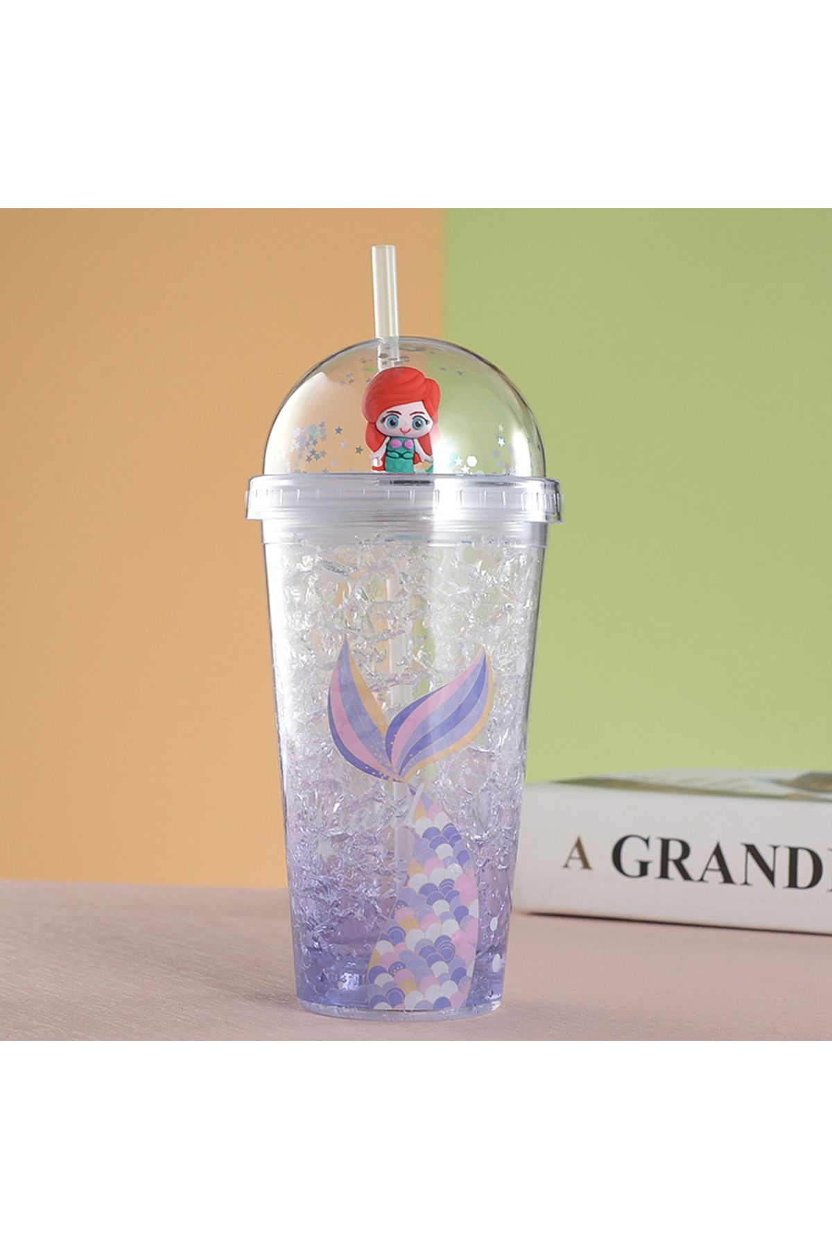 Livava Deniz Kızı Işıklı ve Pipetli Bardak, 450 ml, Buzlu ve Kapaklı, Mor, 20x8