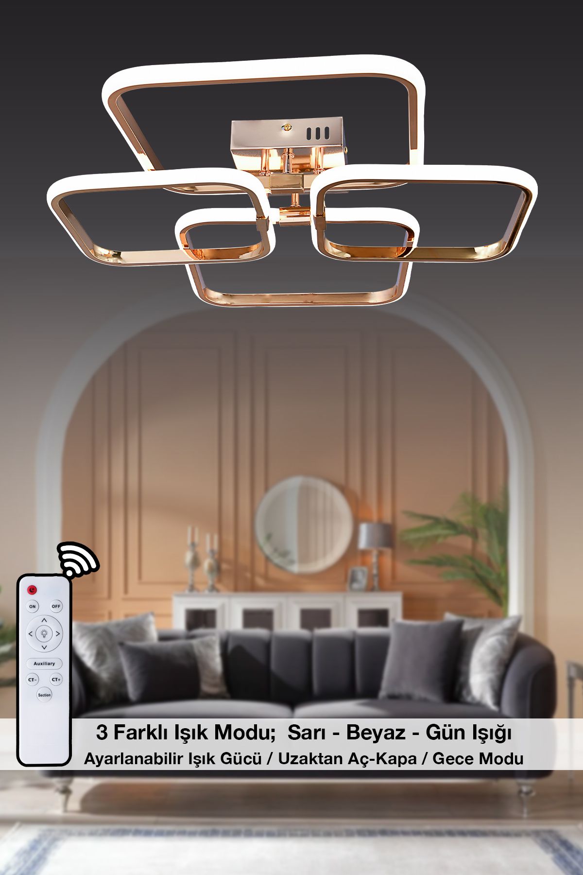 HİRALUCE Milano 3 Renk Kumandalı Ve Dimmerli Gold ( Sarı Beyaz Ve Gün Işığı ) Kristal Taşlı Led Avize