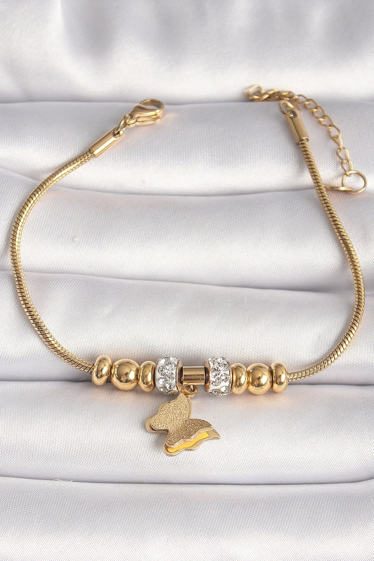STOREMAX 316L Çelik Gold Renk Tüplü Zincir Zirkon Taş Detaylı Sallantı Simli Kelebek Figür Kadın Bileklik