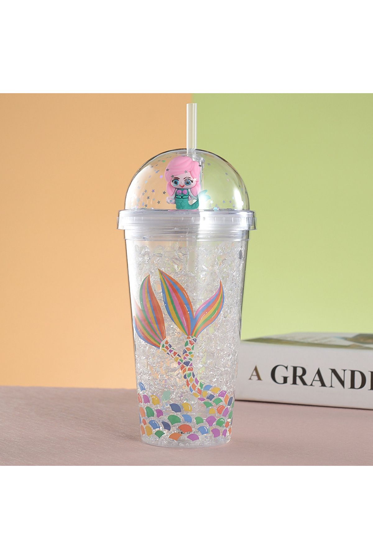 Livava Deniz Kızı Işıklı ve Pipetli Bardak, 450 ml, Buzlu ve Kapaklı, Beyaz, 20x8