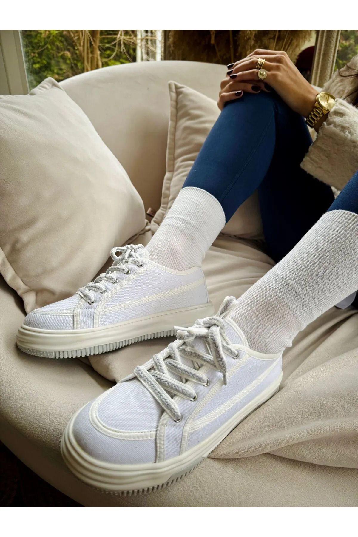 McDark Kadın Beyaz Keten Sneaker Spor Ayakkabı