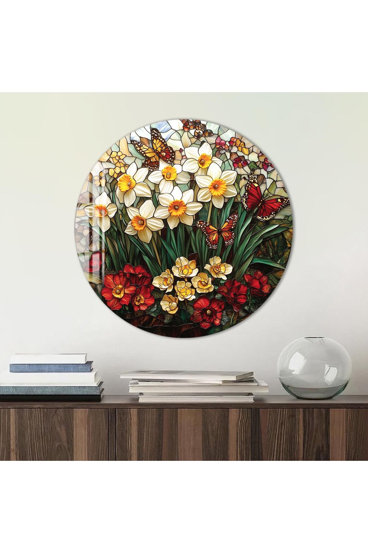 Artmate Yuvarlak Temperli Kırılmaz Çiçek Cam Tablo