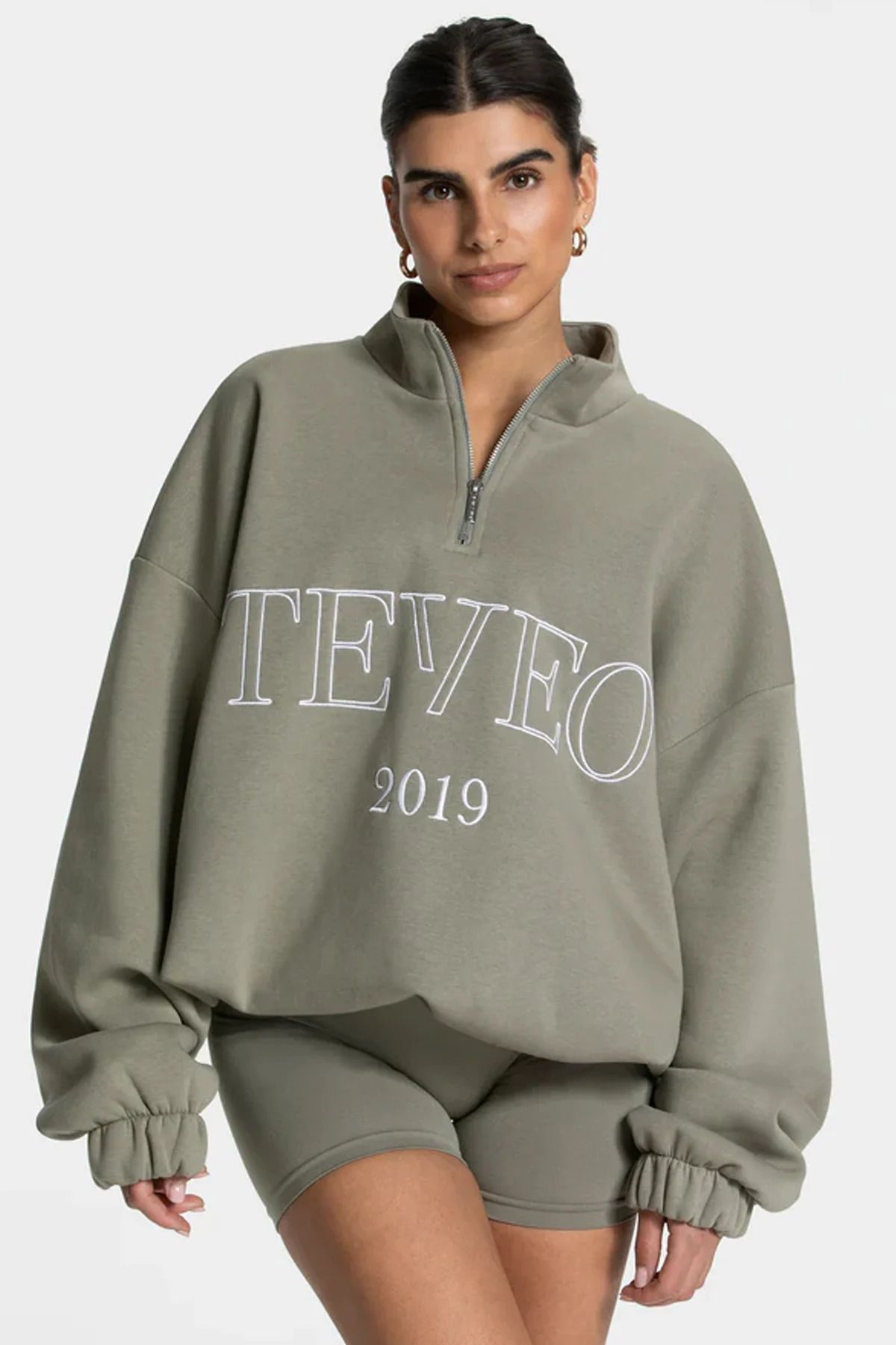 Framtone Haki Baskılı Dik Yaka Sweatshirt