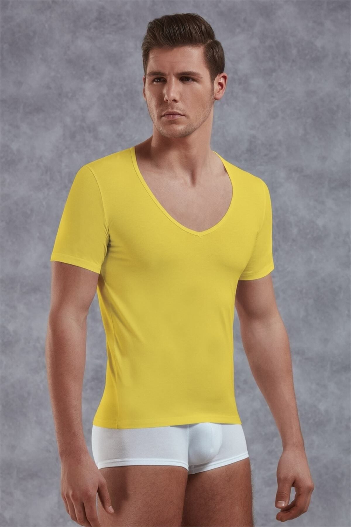 inkasole Yırtık Yaka Erkek T-shirt 2820 Sarı