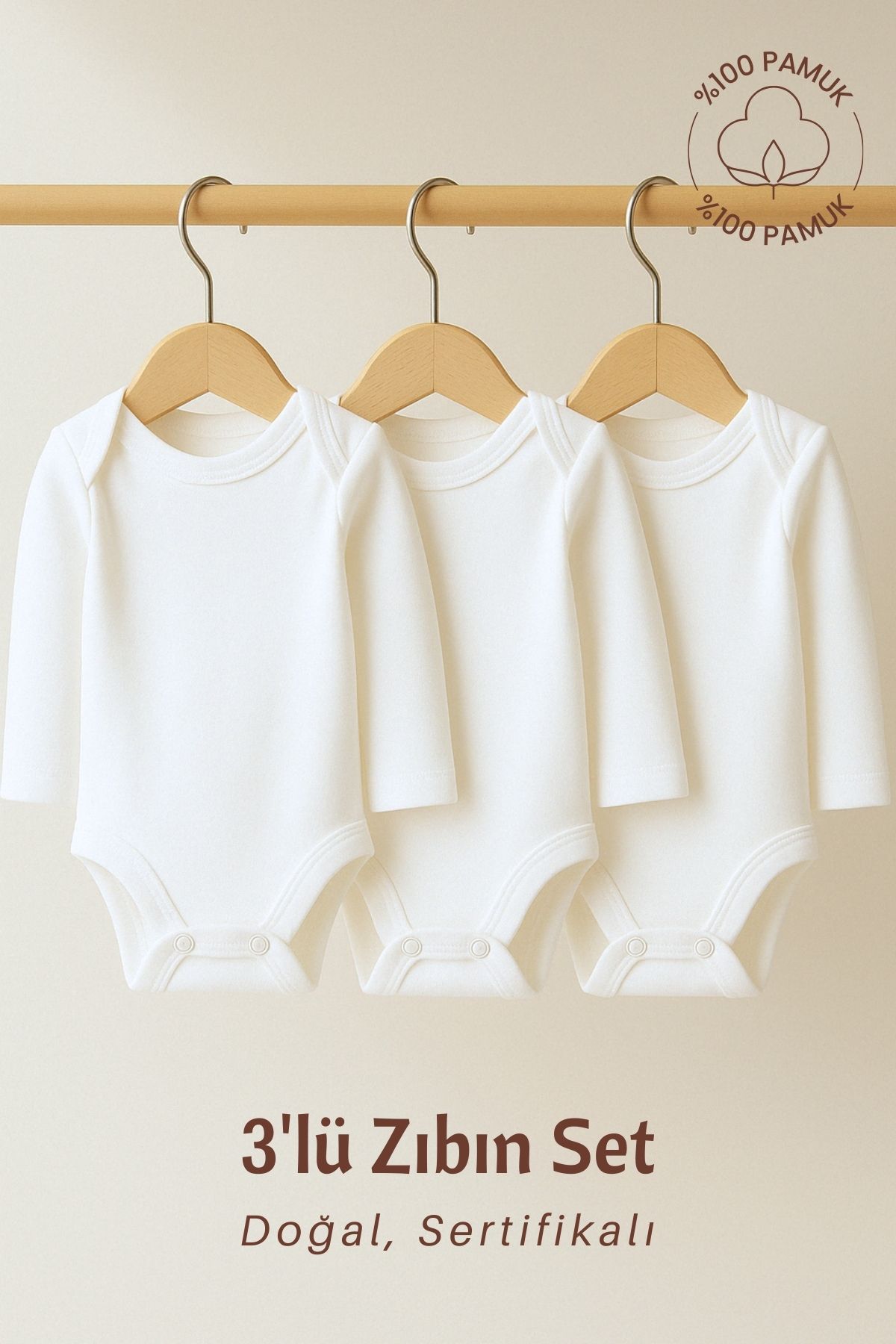 Nami Baby %100 Pamuk 3'lü Bebek Zıbın Seti – 3-6-9-12 Ay | Unisex Çıtçıtlı Body Takımı