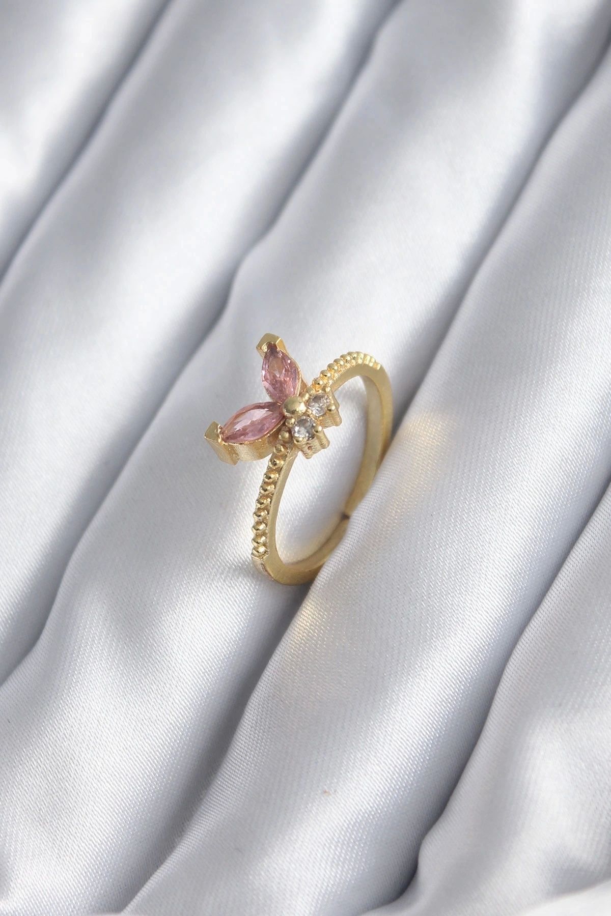 STOREMAX Gold Renk Pembe Zirkon Taşlı Kelebek Model Kadın Yüzük