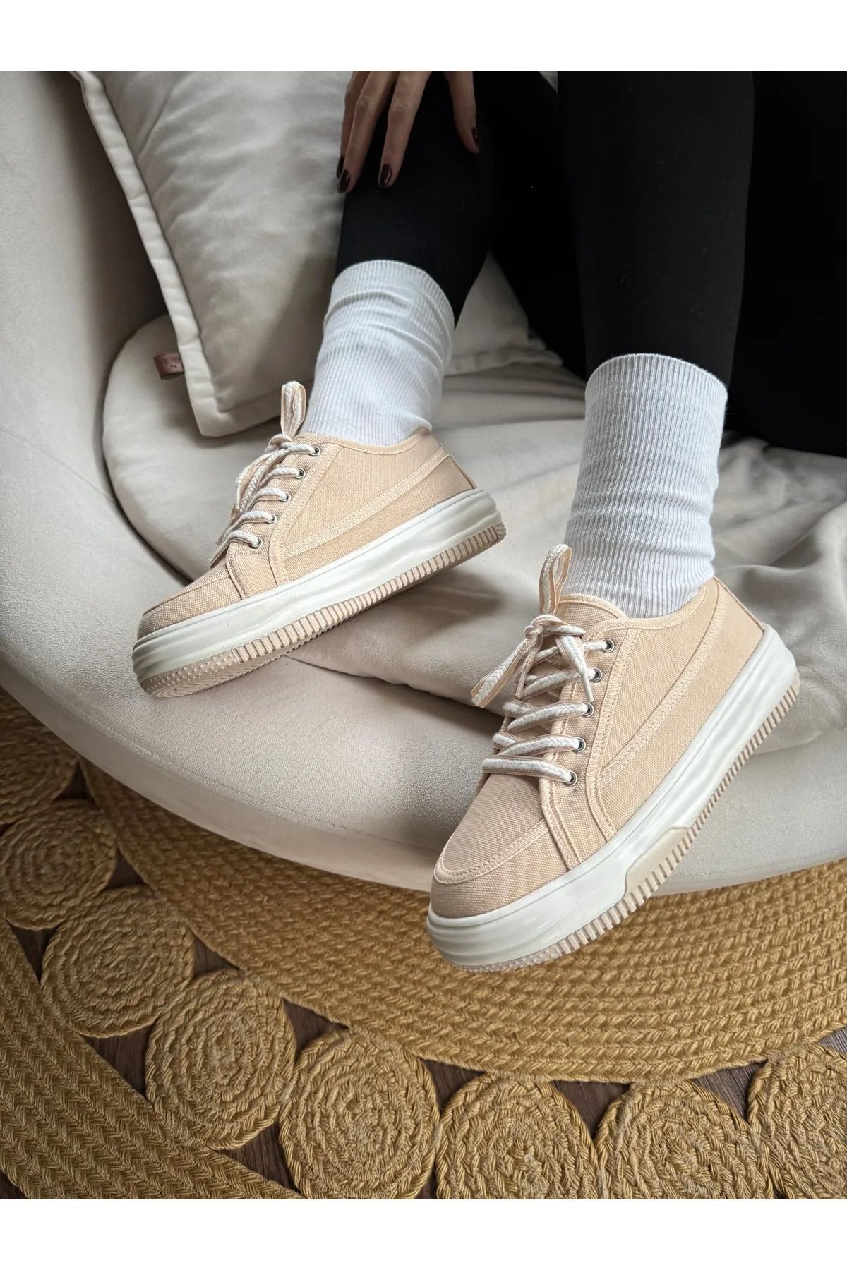 McDark Kadın Bej Keten Sneaker Spor Ayakkabı