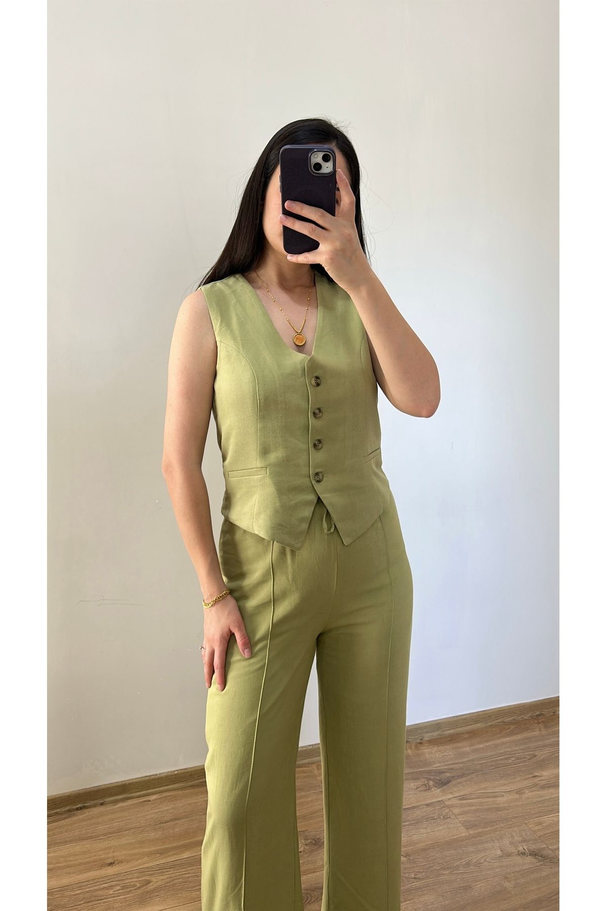 fikoşş Fikoşş Brinke Soft Yeşil Yelekli Keten Takım