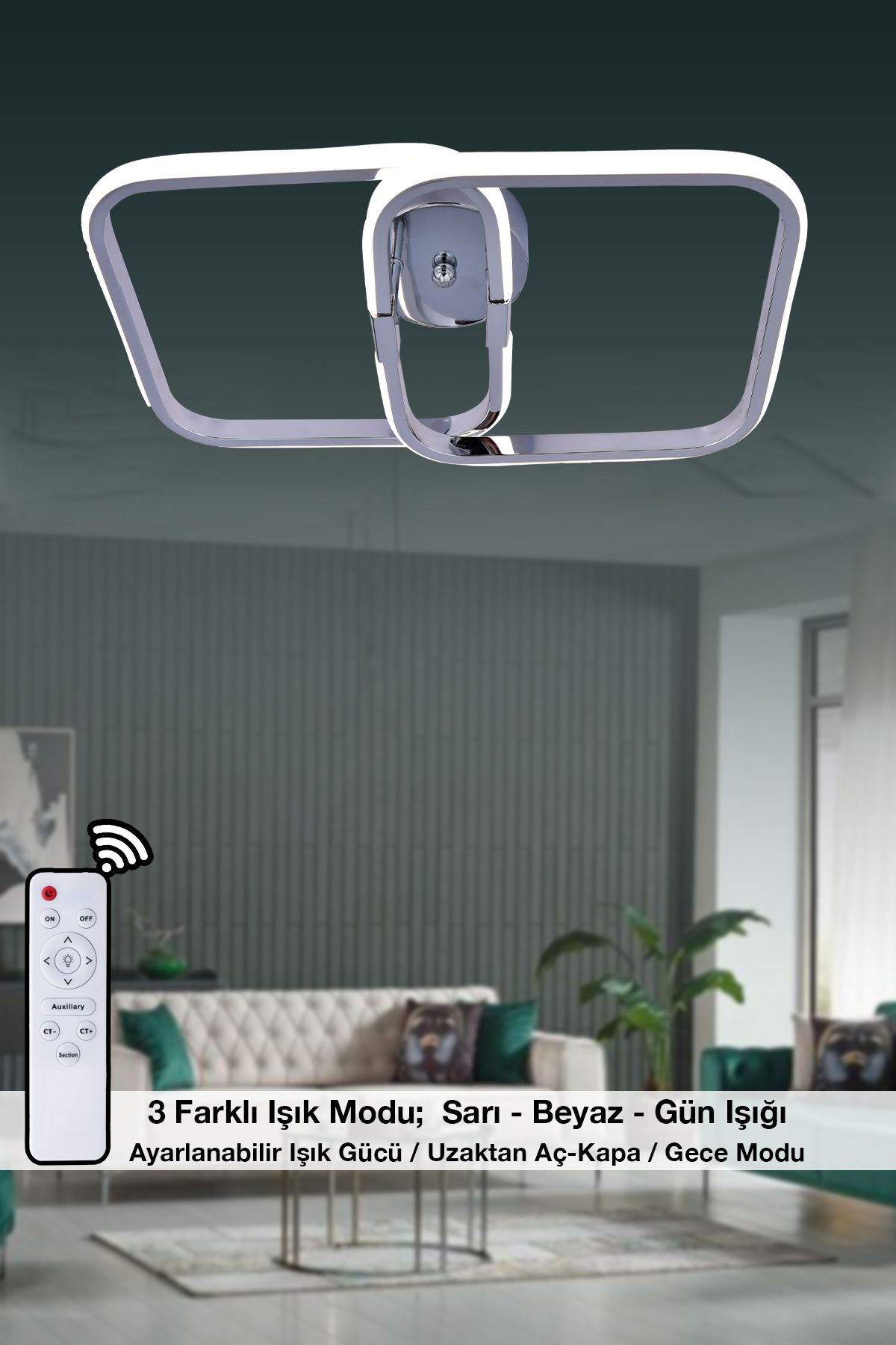 HİRALUCE Heros 3 Renk Kumandalı Ve Dimmerli Krom ( Sarı Beyaz Ve Gün Işığı ) Kristal Taşlı Led Avize