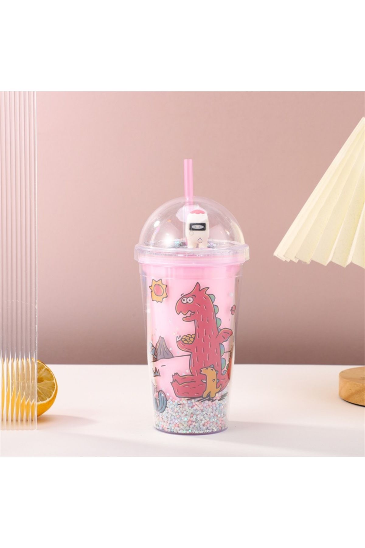 Livava Dinozor Işıklı ve Pipetli Bardak, 450 ml, Boncuklu ve Kapaklı, Pembe, 20x8