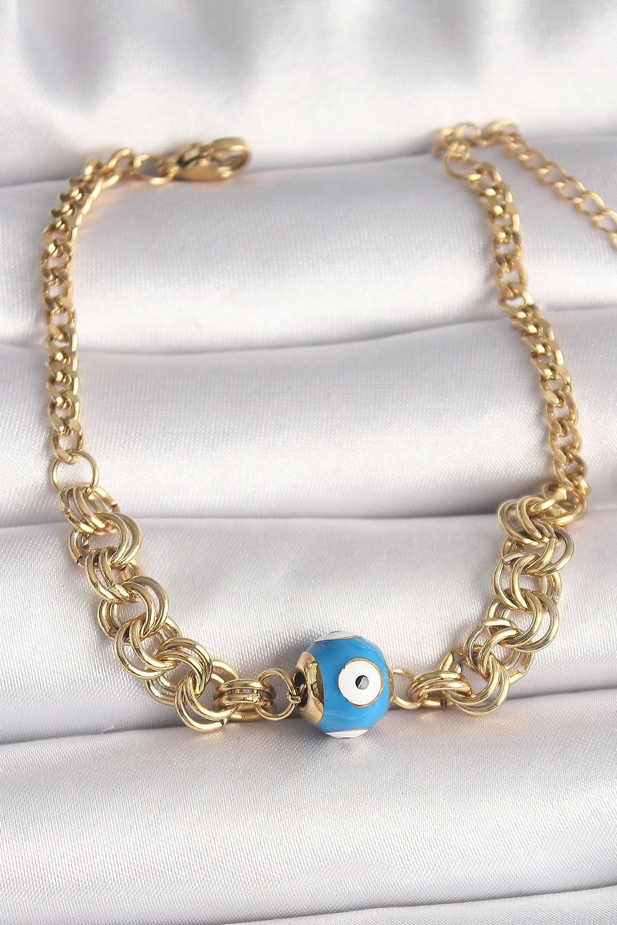 STOREMAX 316L Çelik Gold Renk Halka Zincir Model Nazar Boncuk Figür Kadın Bileklik