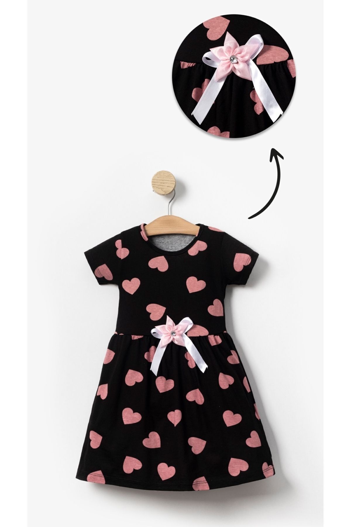 aden kids Rahat Kullanım Siyah Kalp Baskılı Kız Çocuk Yazlık Penye Elbise - Nefes Alan Likralı Kumaş fotoğrafı 2 (önizleme)