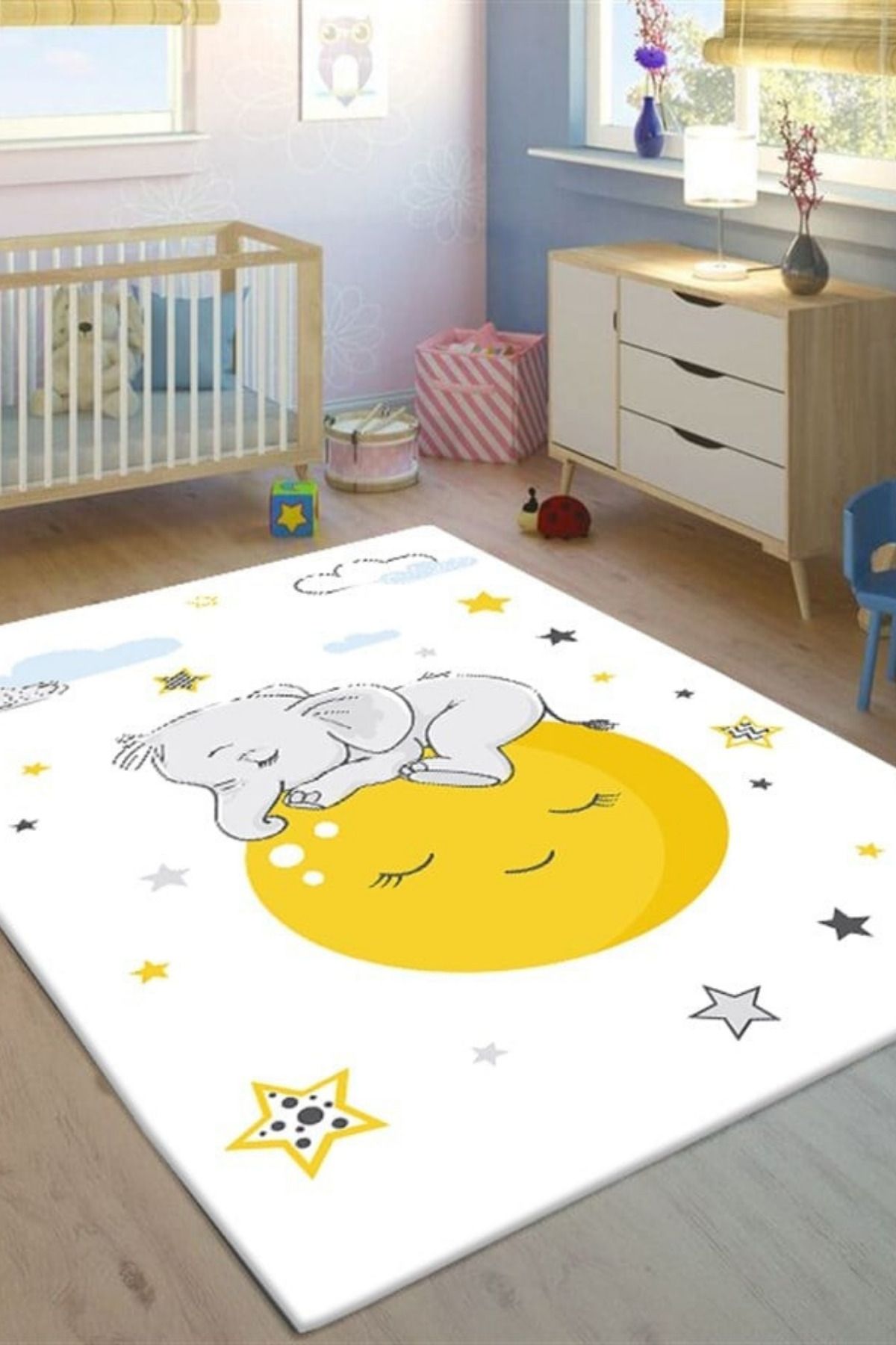 Serteks Elephant Baskılı Kaymaz Tabanlı Makinede Yıkanabilir Çocuk Halısı