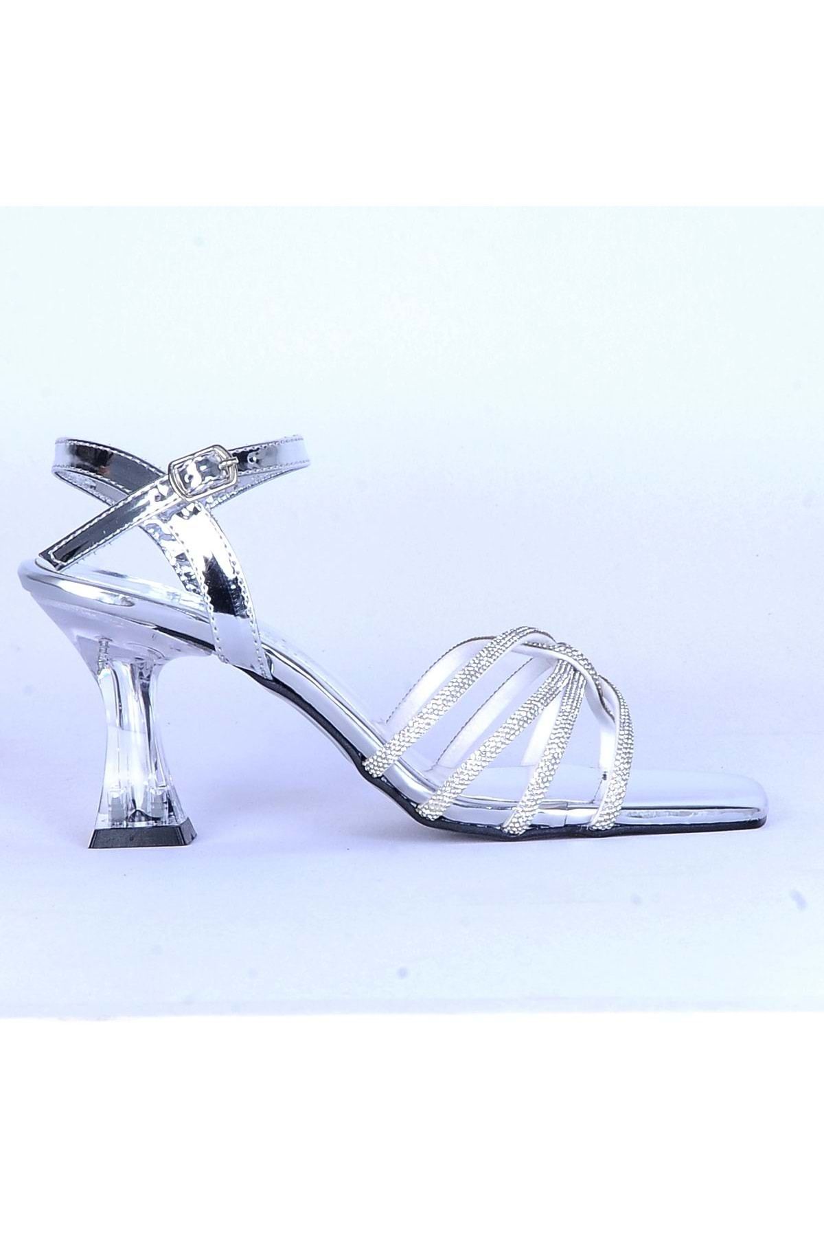 moda ayakkabım Moda Ayakkabı 530 Siyah Parlak Taşlı Şefaf 7Cm Topuklu Ayakkabı