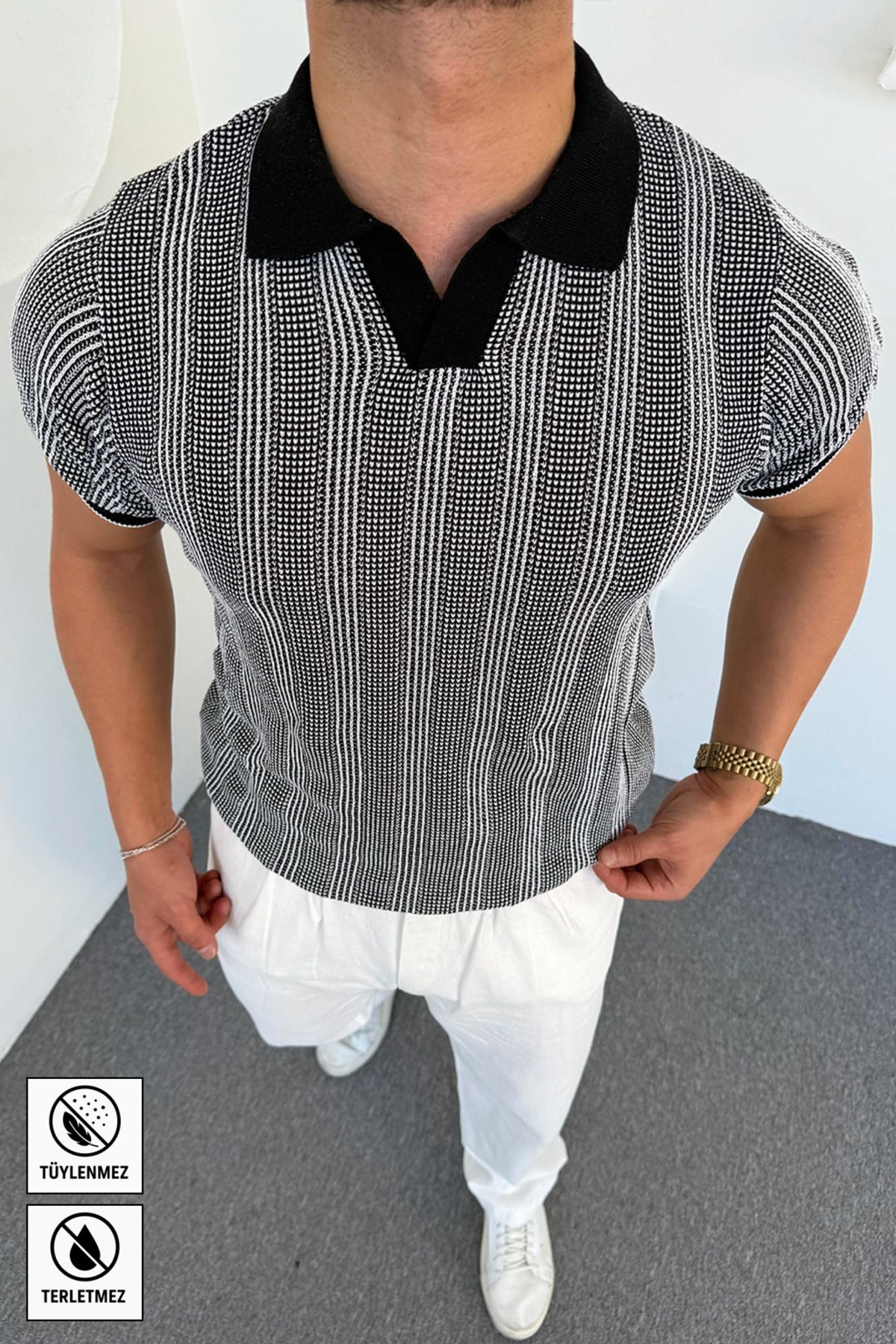 Moderk Erkek Jakarlı Çift Renk Pamuklu Örme Triko T-Shirt Terletmez Tüylenmez