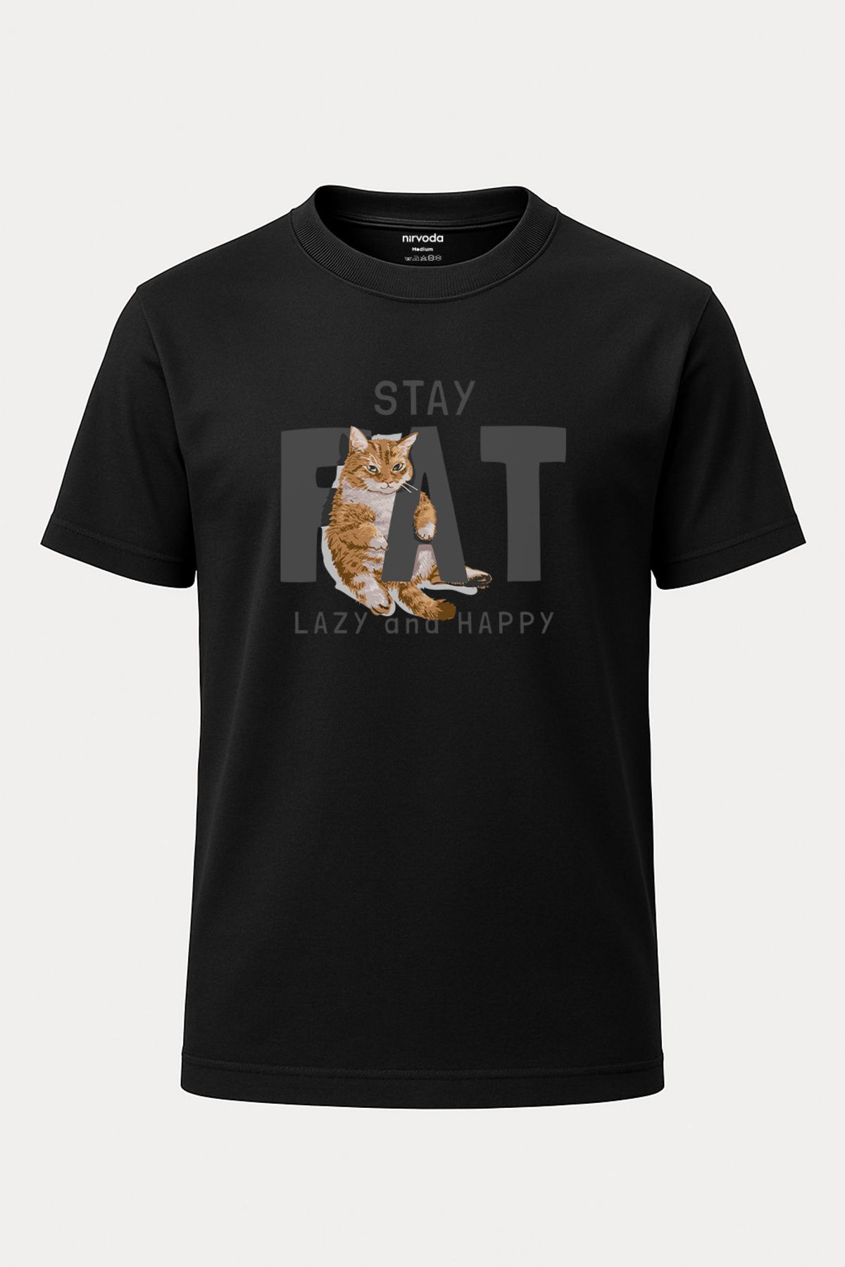 nirvoda Unisex Tembel ve Mutlu Kedi Baskılı Tişört - Uzun T-shirt